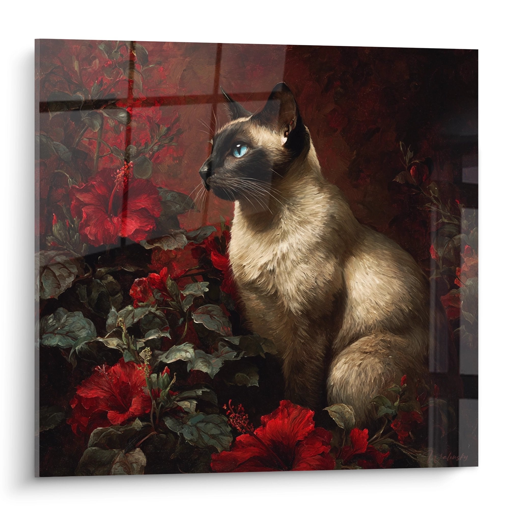 Chat Balinais elegants aux yeux bleus pose parmi des hibiscus rouges dans un decor tropical artistique