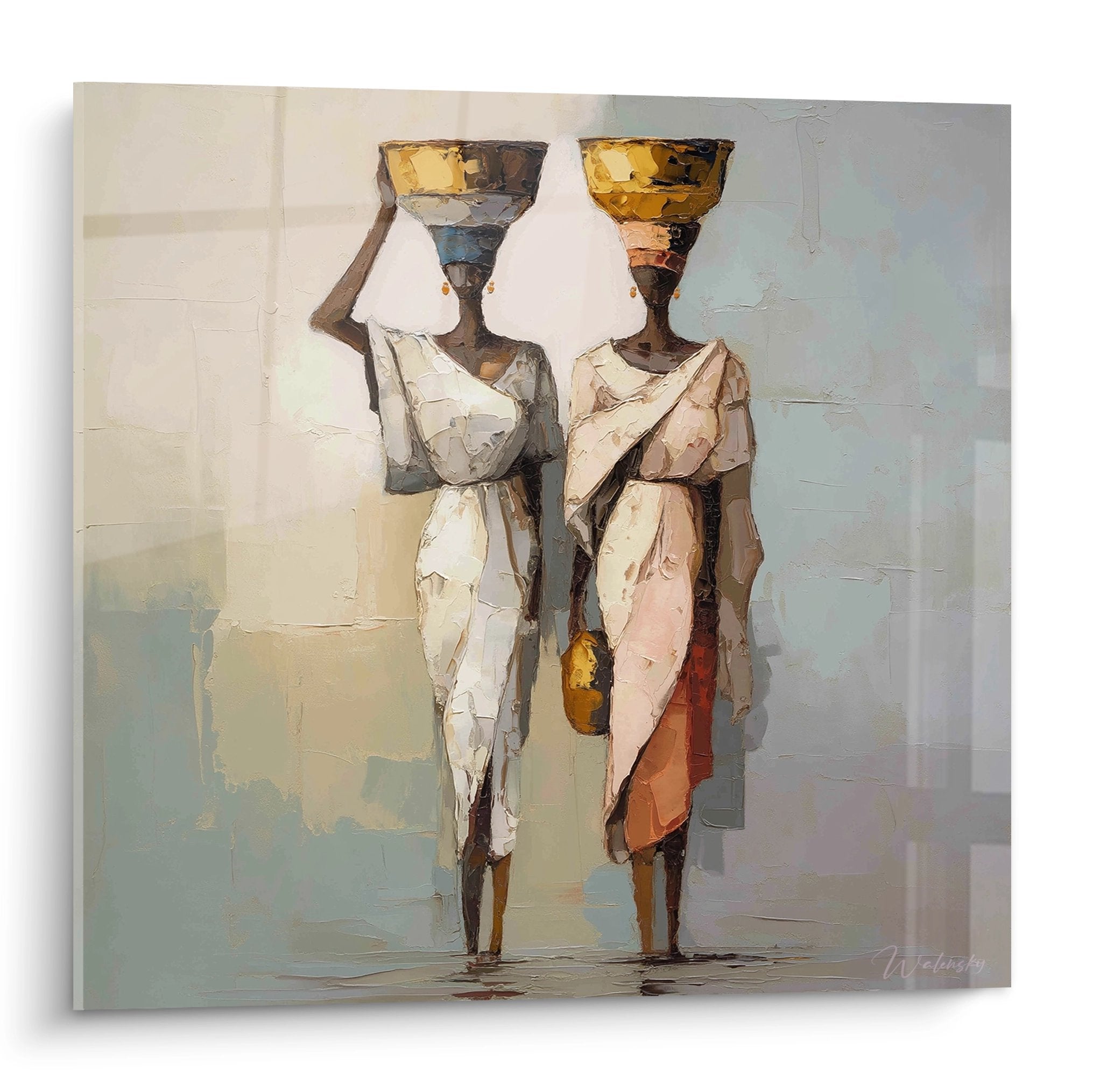 Quadro arte africana che rappresenta due donne in tuniche bianche che portano recipienti dorati in testa tradizione