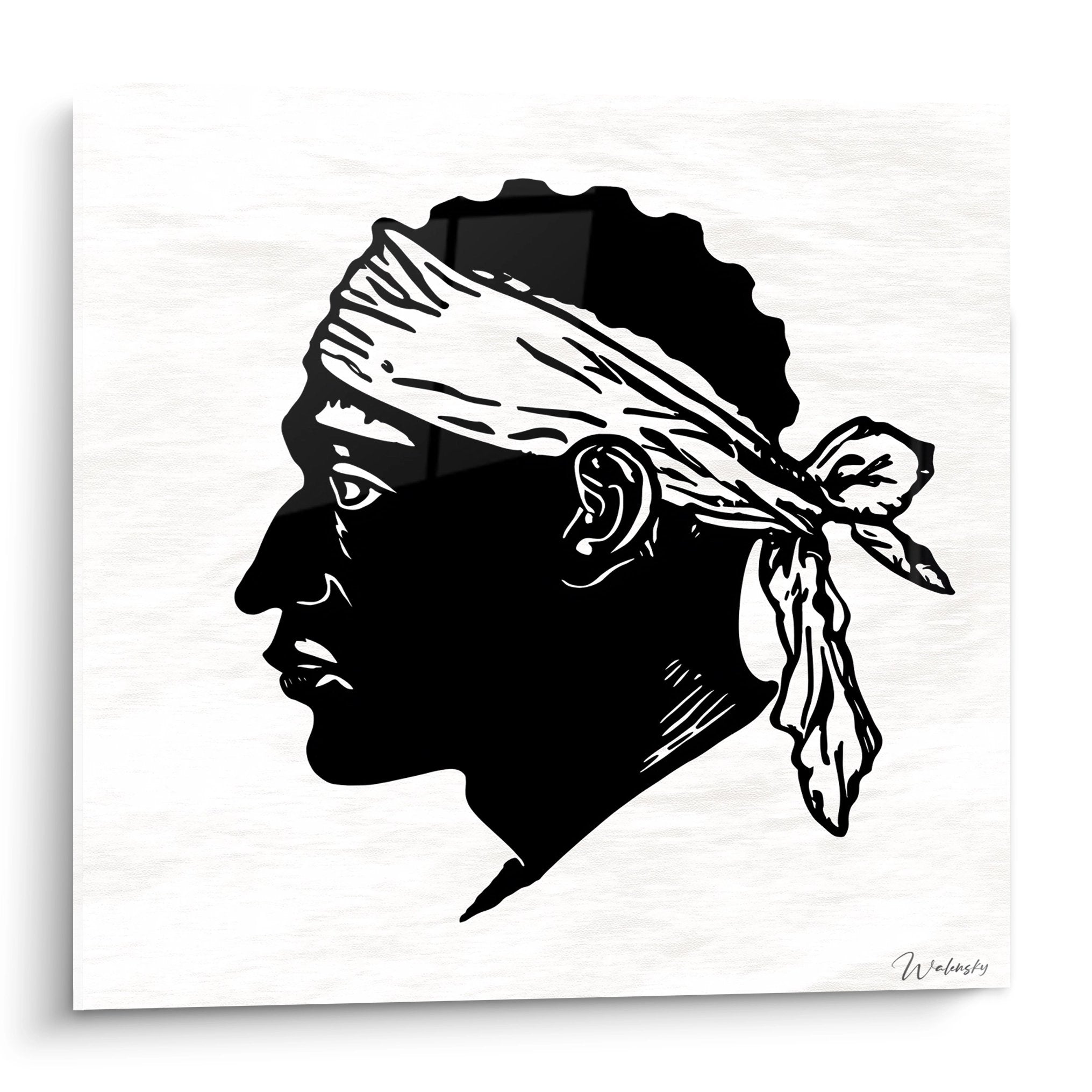 Quadro moderno che rappresenta la Testa di Moro corsa in bianco e nero con fascia tradizionale su sfondo bianco