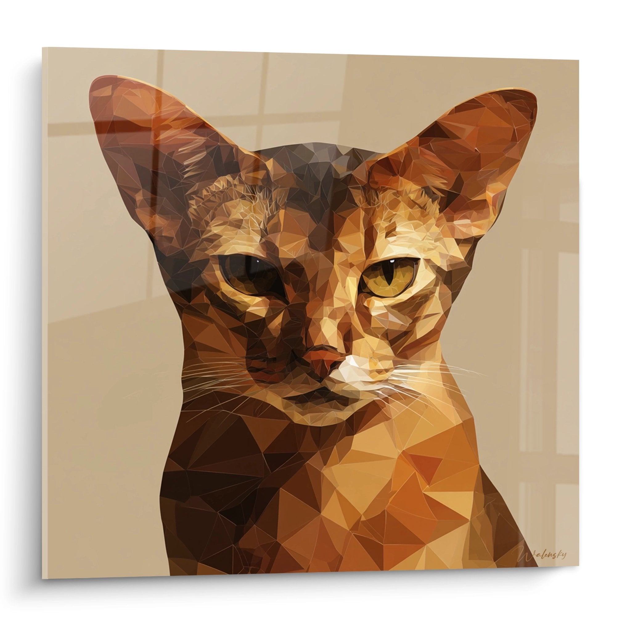 Tableau art polygonal chat Abyssin aux tons dores et cuivres style geometrique moderne decoration murale