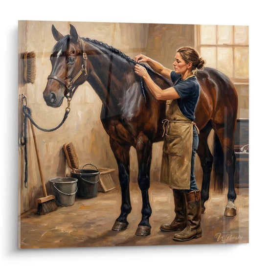 Tableau représentant une palefrenier soignant un cheval bai dans une écurie traditionnelle avec fenêtre