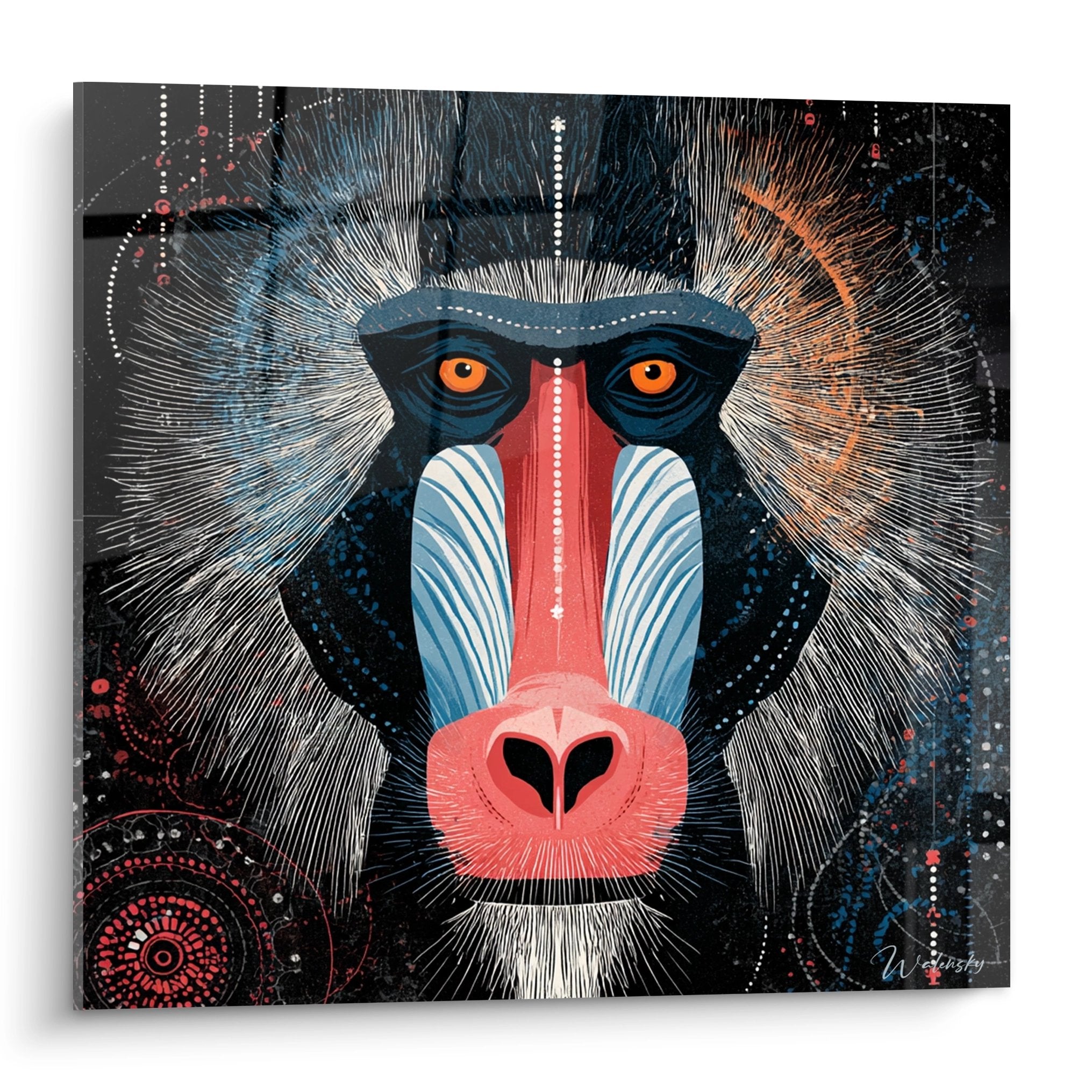 Tableau mandrill mystique aux couleurs vives avec halo lumineux sur fond noir - art africain contemporain