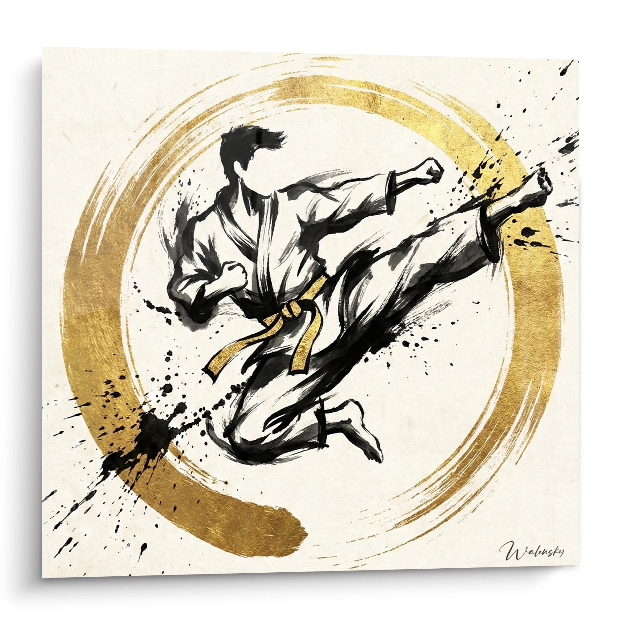 Tableau moderne representant un karateka en mouvement dynamique avec cercle dore et eclaboussures encre noire