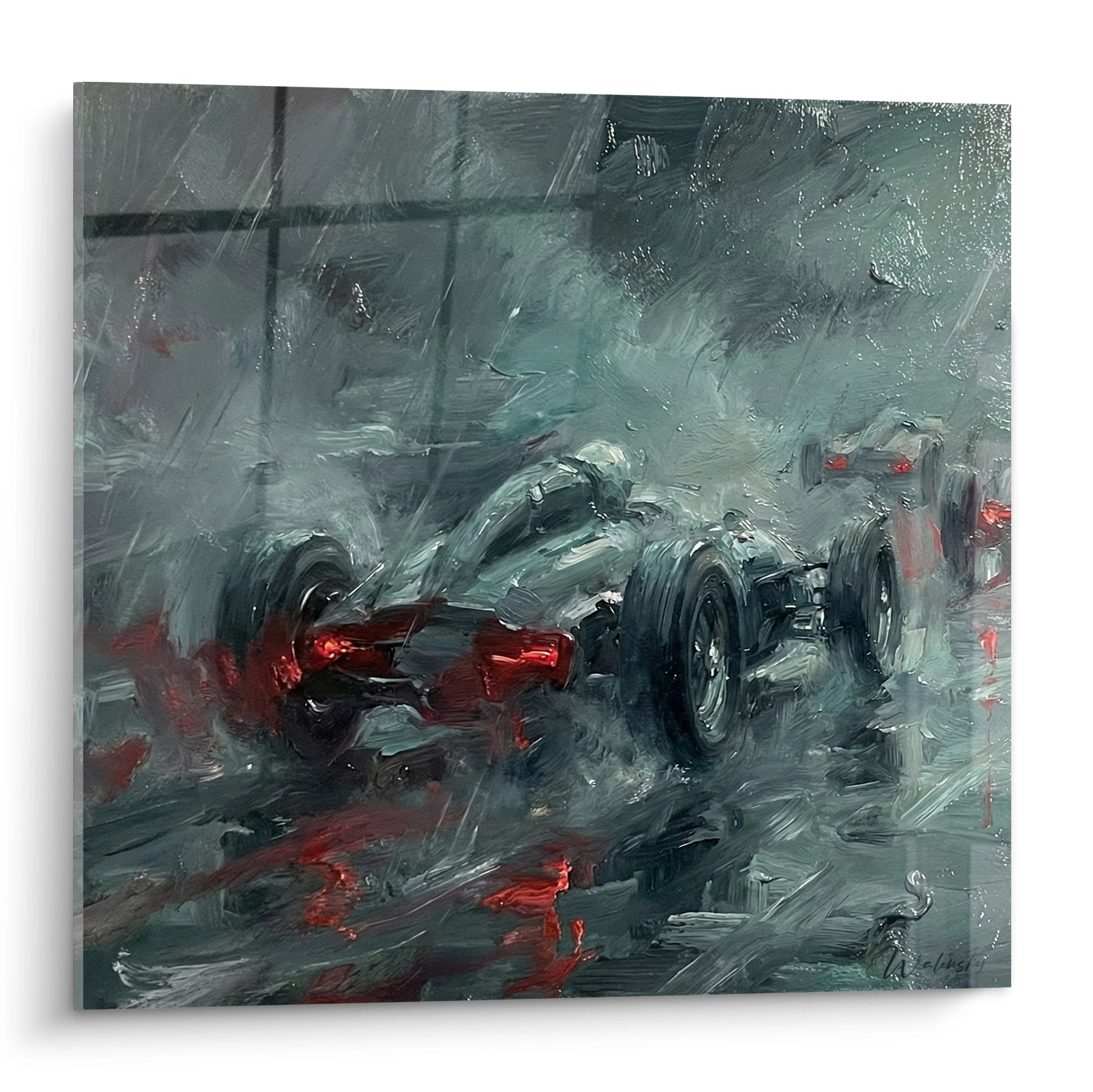 Tableau artistique Formule 1 sous la pluie avec monoplaces et feux arriere rouges dans tempete grise