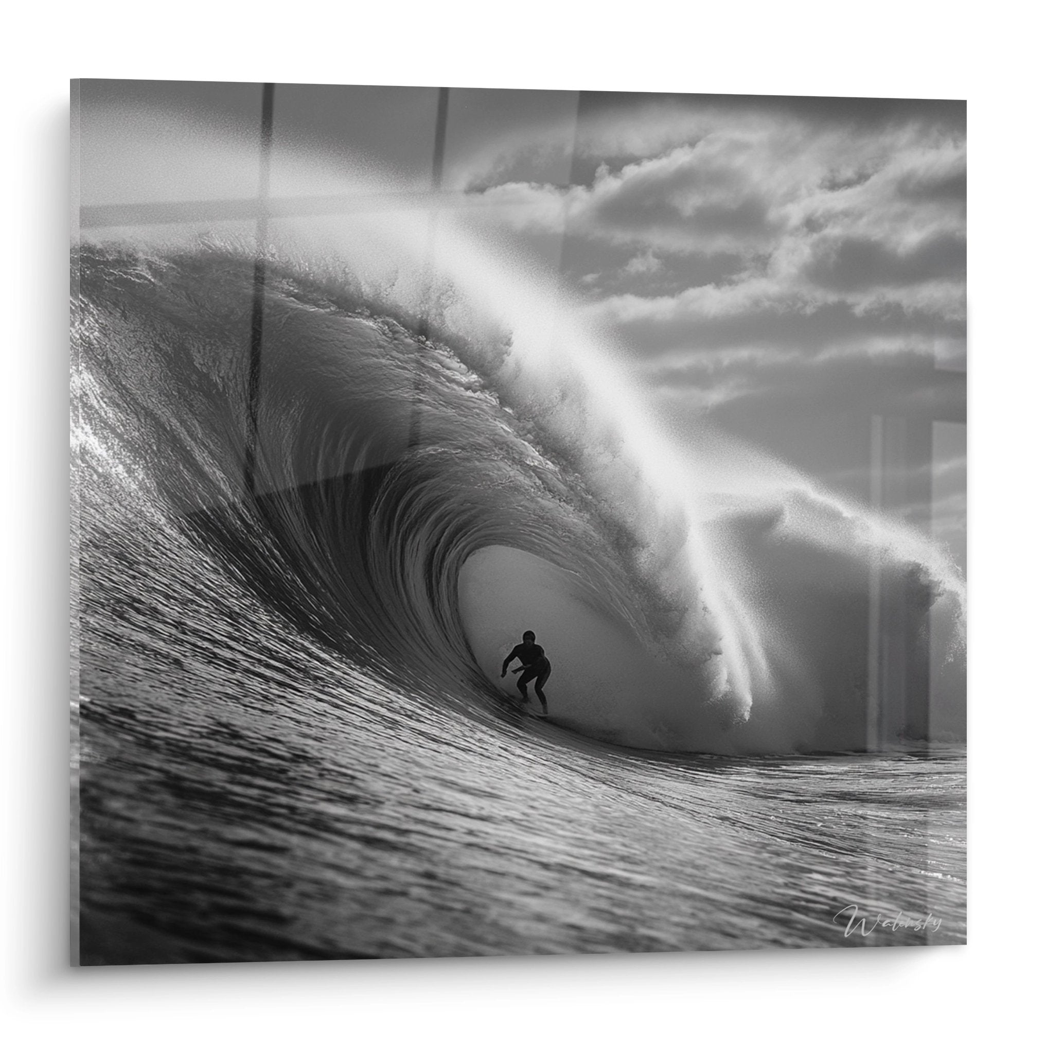 Tableau noir et blanc surfeur dans tube parfait vague ocean art mural surf decoration