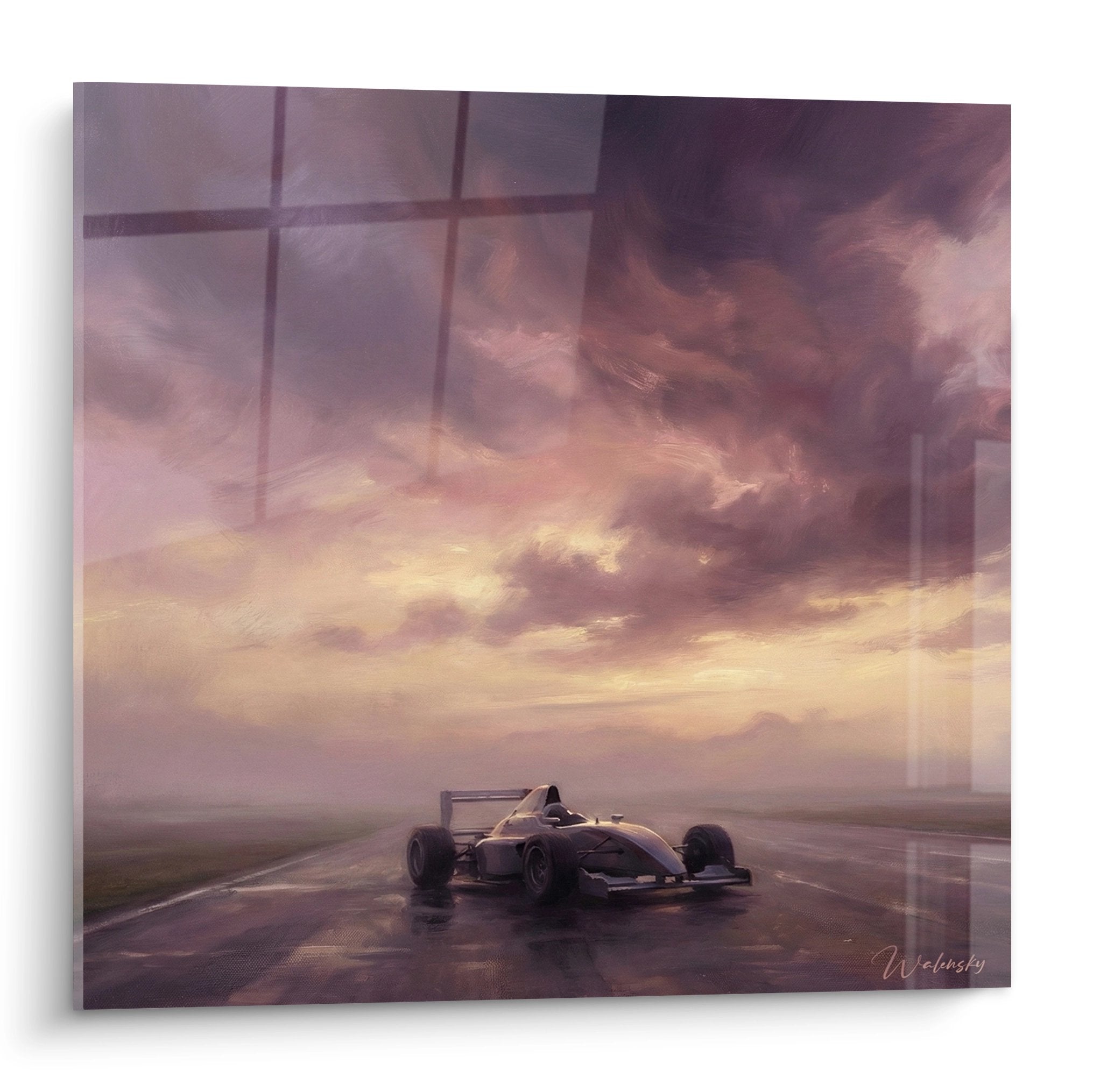 Tableau Formule 1 monoplace solitaire sous ciel orage dramatique couleurs pourpres par Welinsky