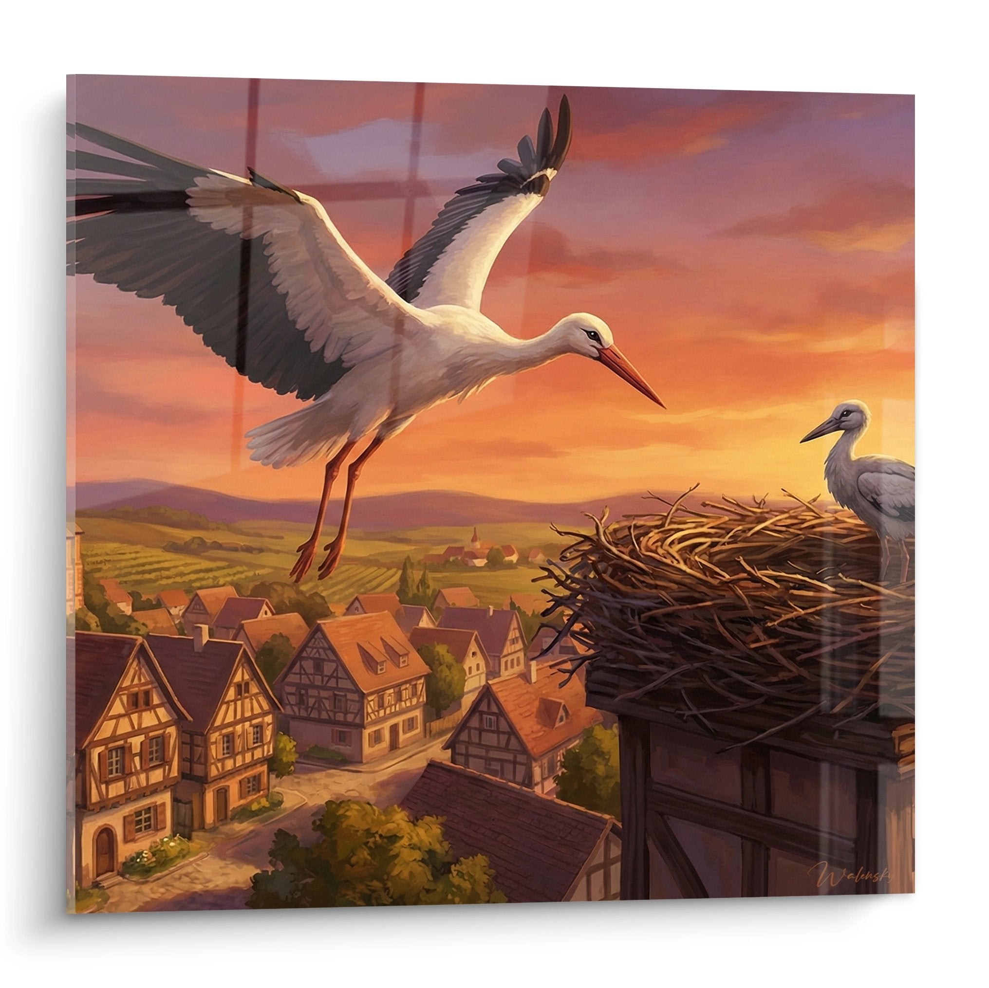 Tableau cigognes village alsacien coucher soleil nid maisons colombages art mural decoration