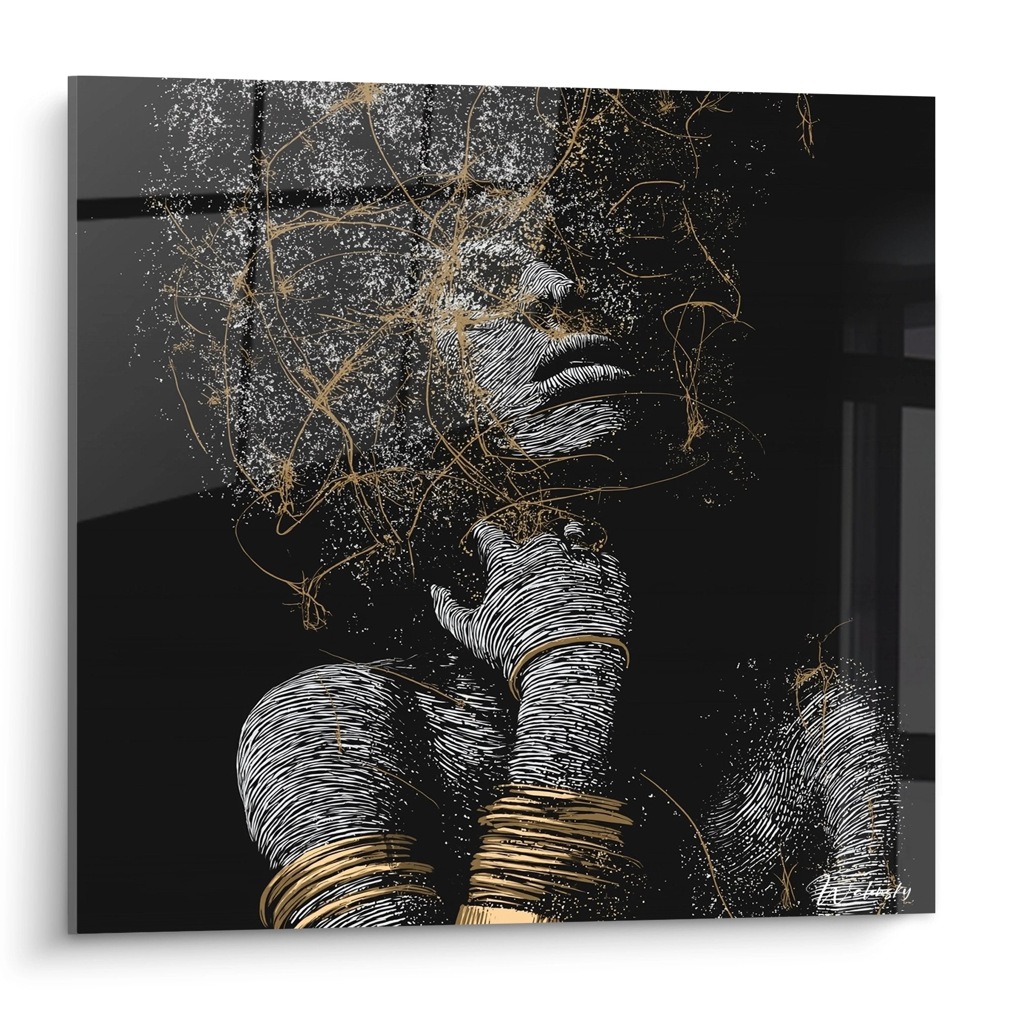 Quadro murale viso africano con tonalità dorate su sfondo nero, arte moderna etnica per decorazione d'interni