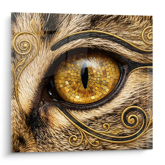 Quadro artistico che raffigura un occhio di gatto American Shorthair dorato con iride a mosaico e ornamenti a spirale