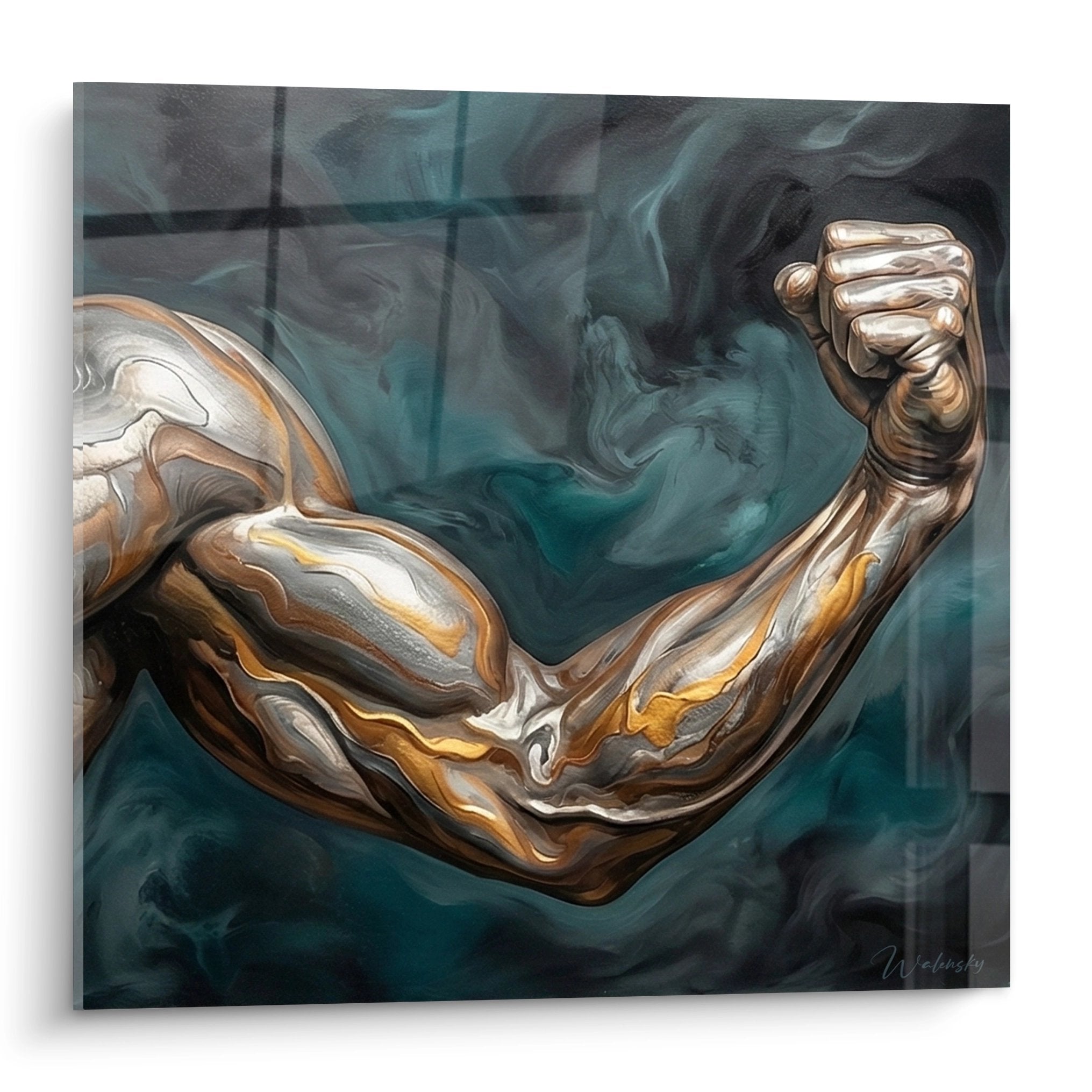 Tableau mural moderne representant un bras muscle en style abstrait fluide avec tons dores et teal pour decoration fitness