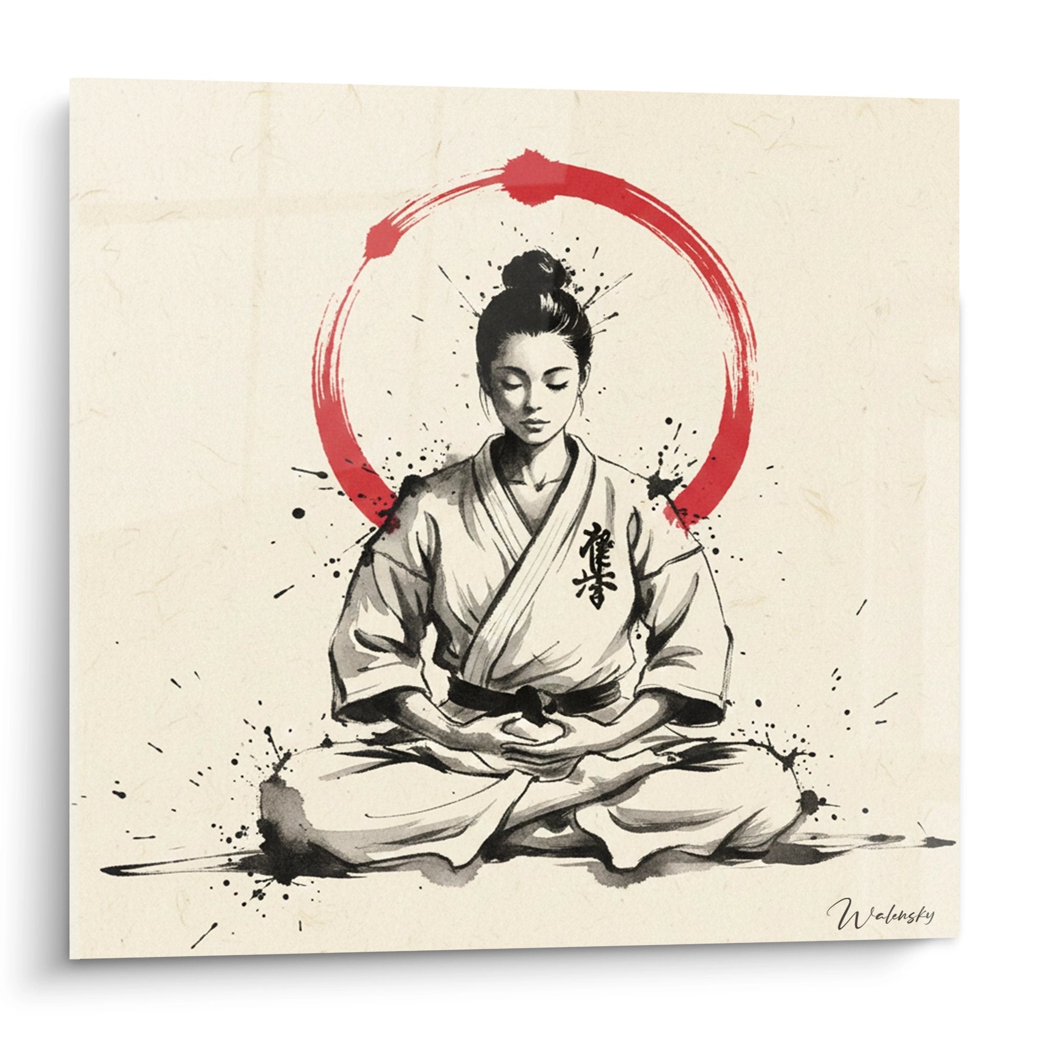 Tableau représentant une karatéka en méditation assise en lotus avec kimono blanc et cercle rouge ensō