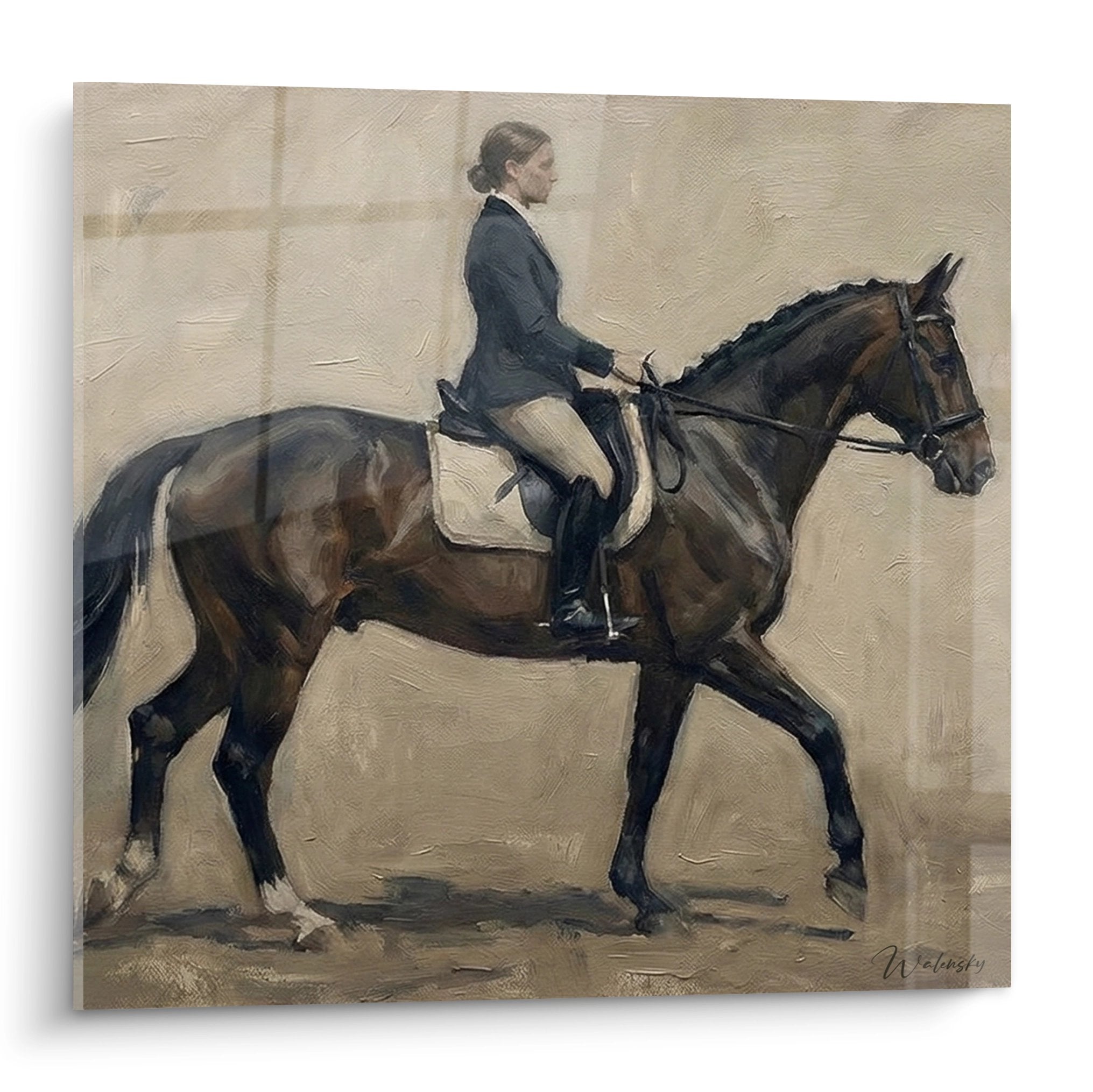 Quadro dipinto cavaliere in dressage su cavallo baio, abbigliamento equestre classico, toni beige e marrone