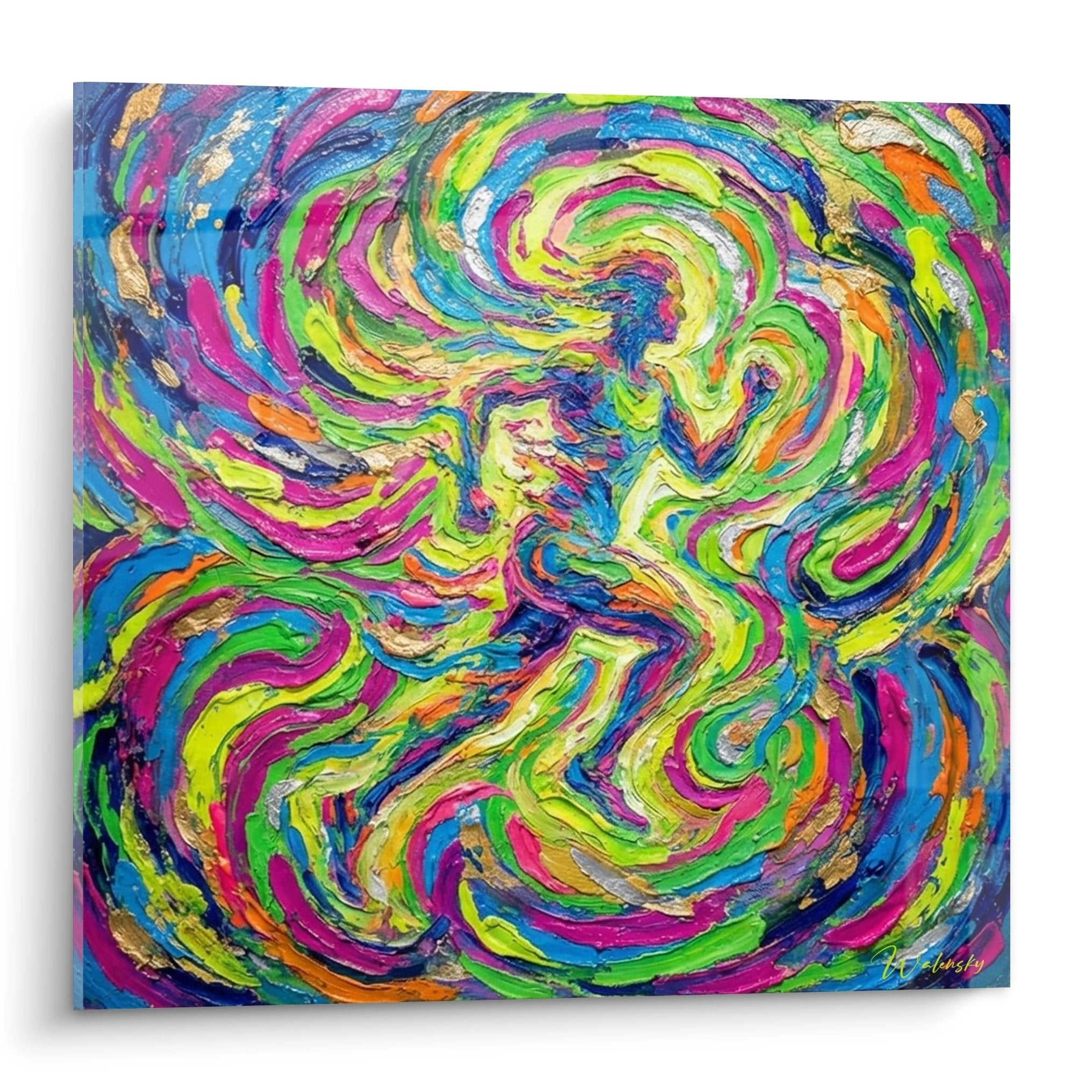 Quadro astratto vortice multicolore che evoca energia corsa arte moderna murale