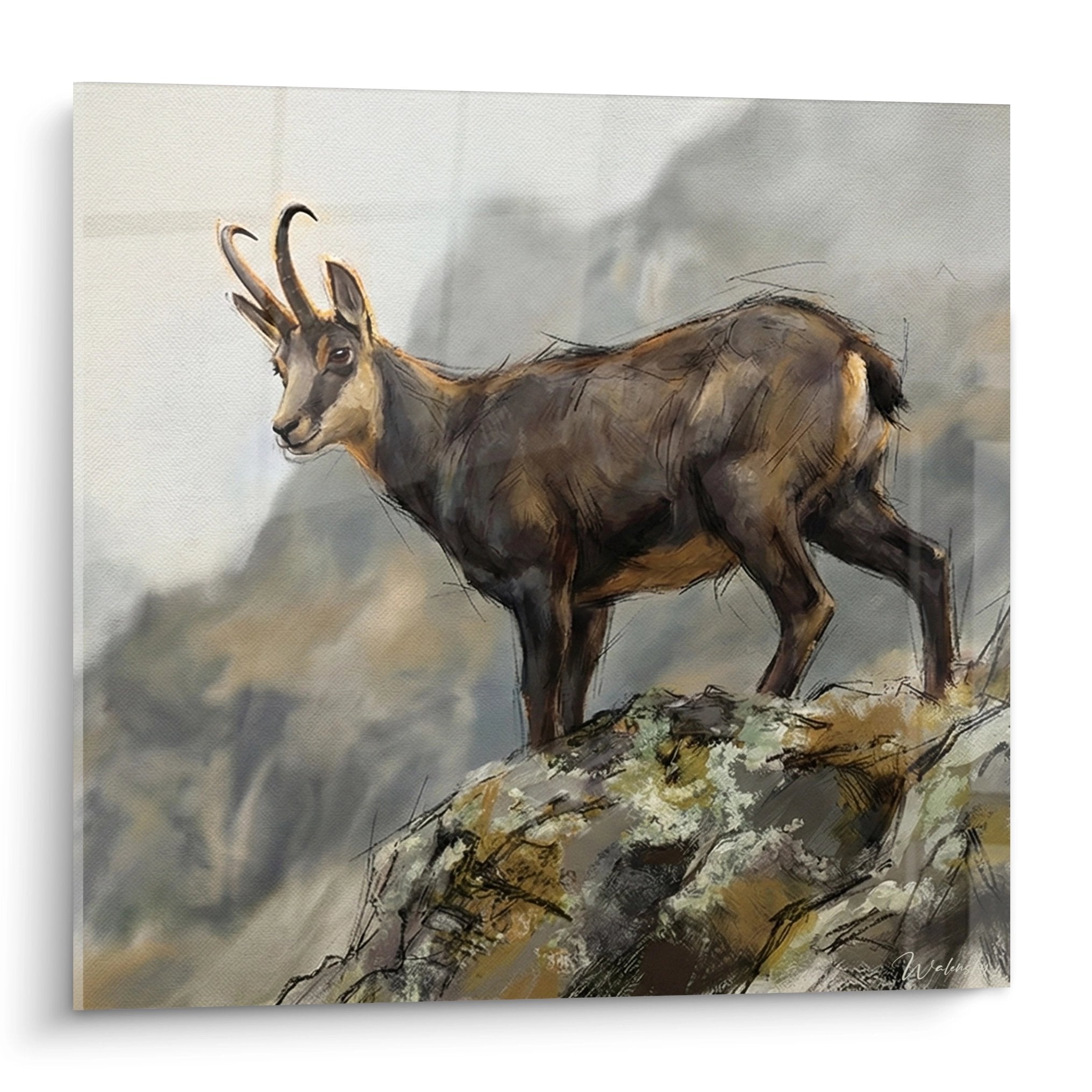 Tableau représentant un chamois des Pyrénées sur rocher, art animalier montagne avec pelage brun détaillé
