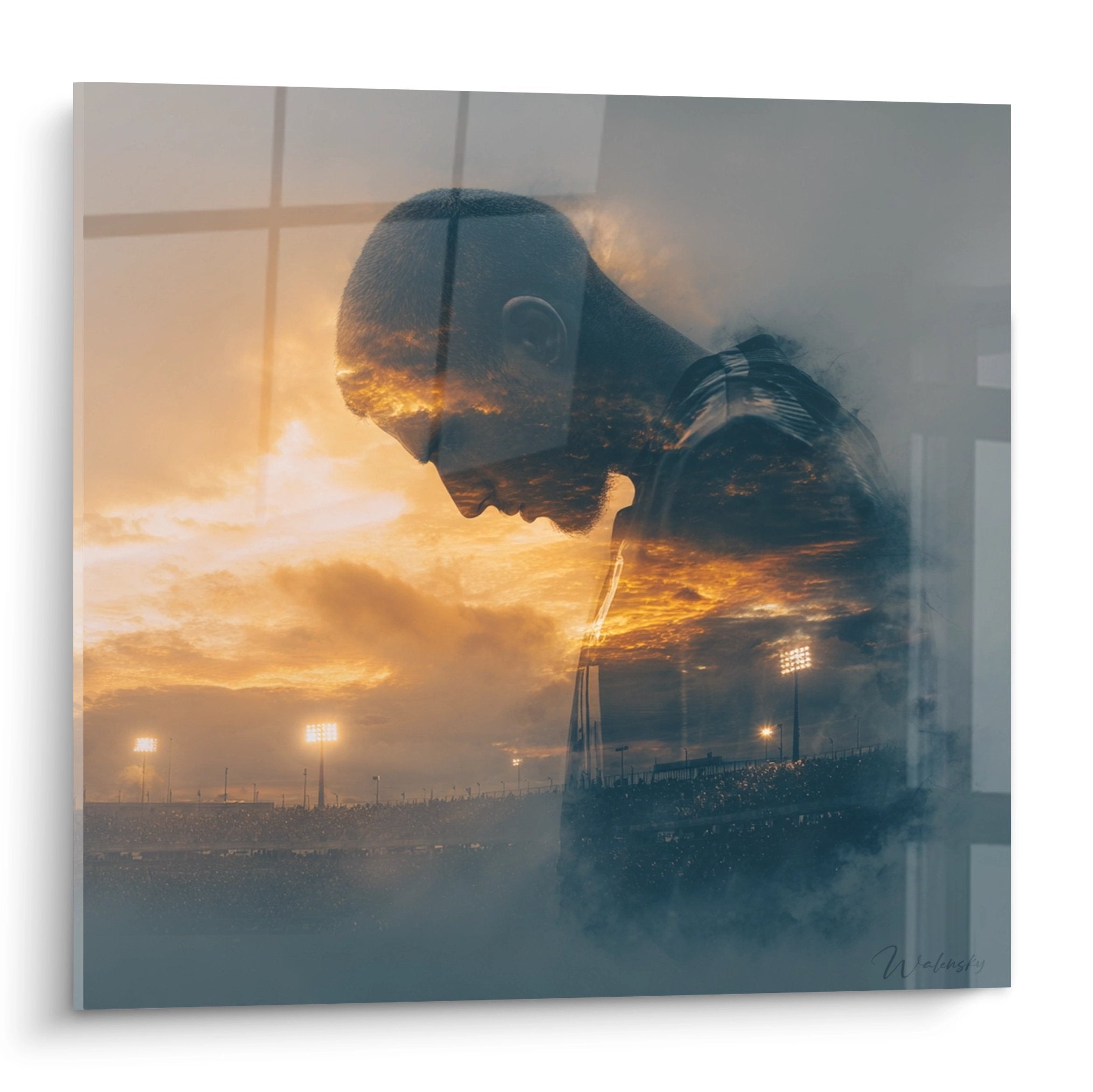 Tableau mural football double exposition joueur pensif et stade illuminé coucher soleil art moderne déco