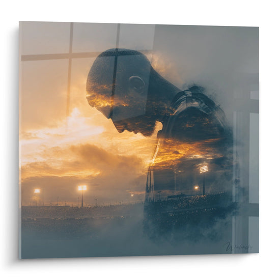 Tableau mural football double exposition joueur pensif et stade illuminé coucher soleil art moderne déco