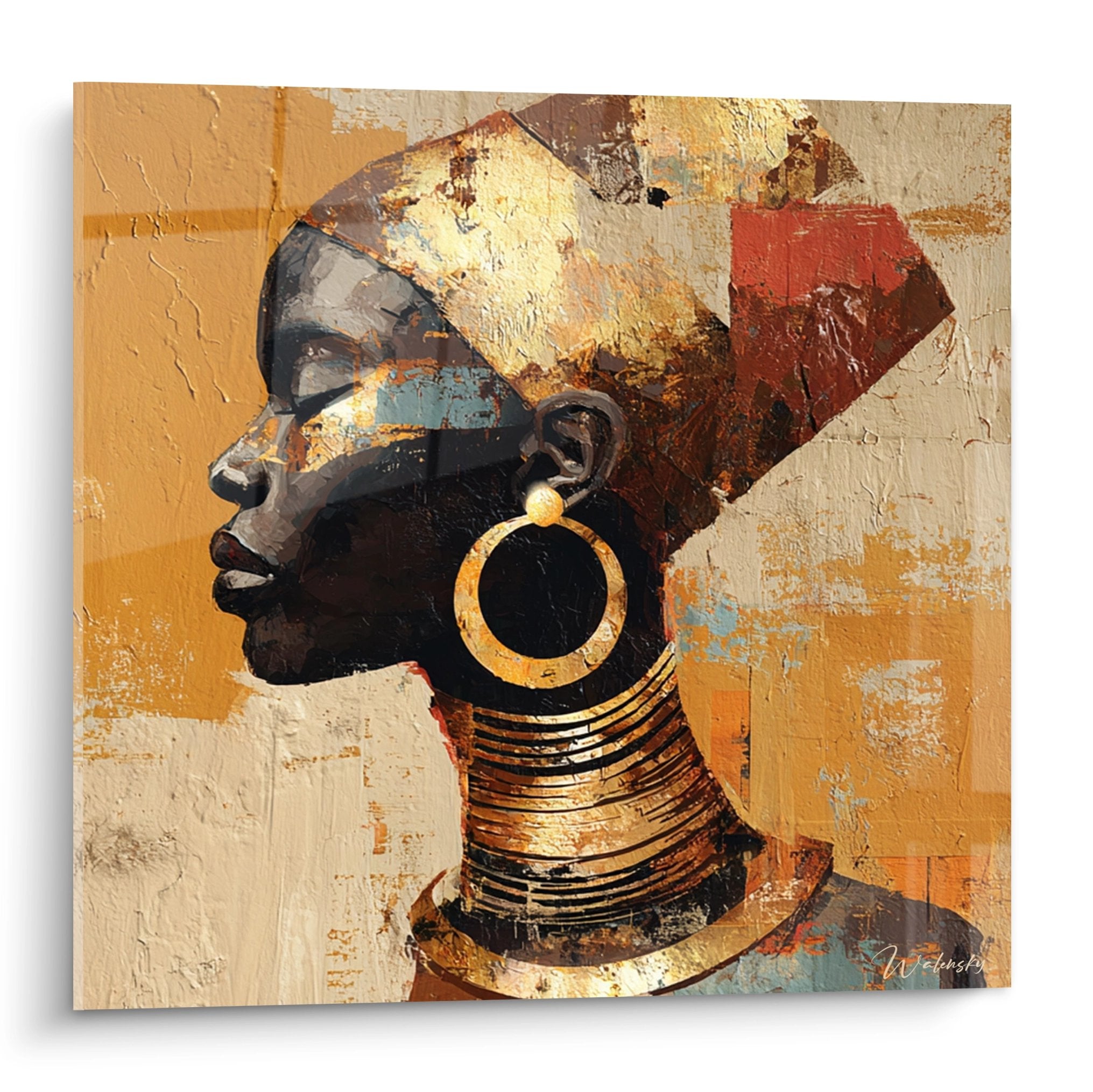 Quadro ritratto donna africana profilo gioielli dorati pittura murale arte contemporanea etnica decorazione