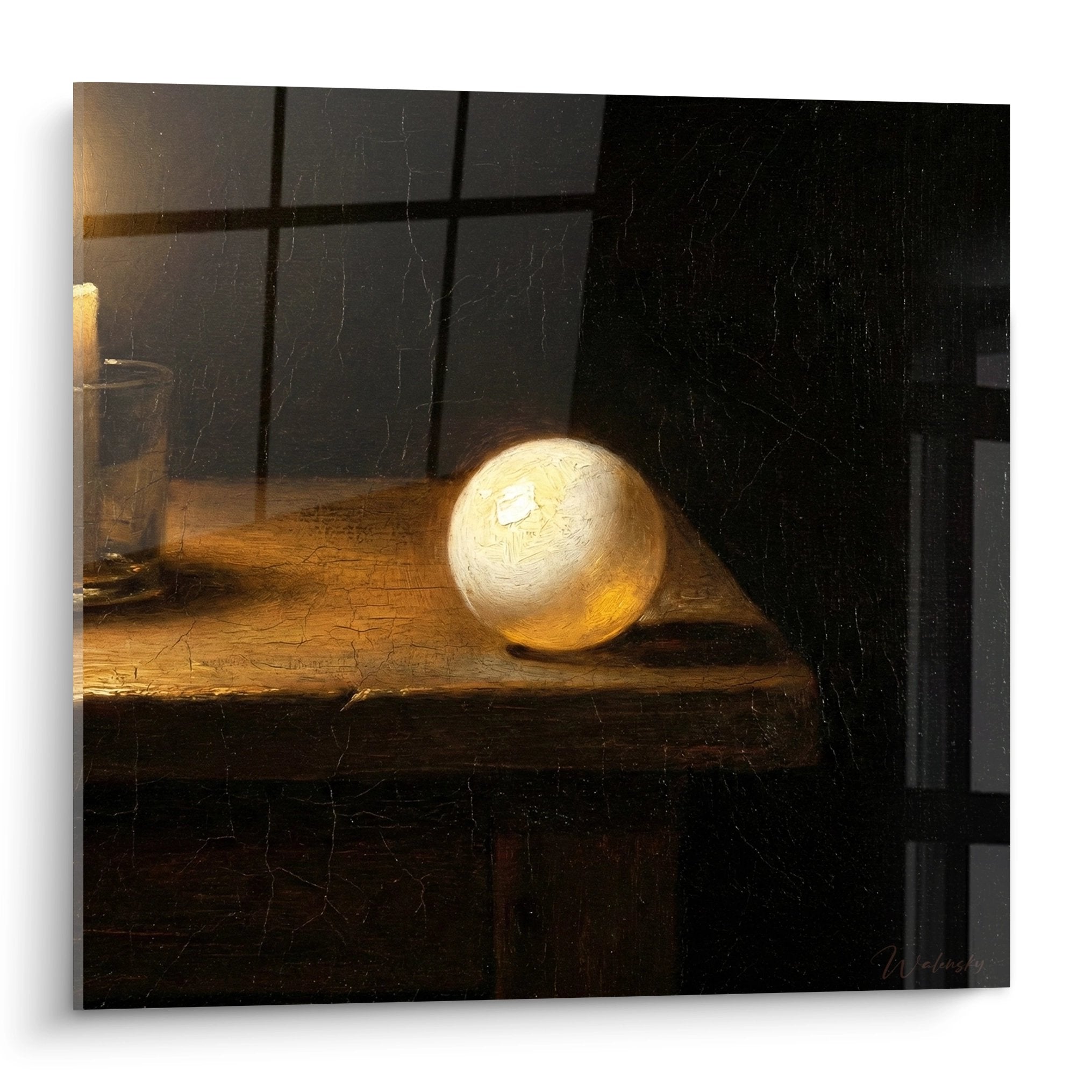 Tableau artistique balle de ping-pong illuminee sur table bois ambiance atelier Edition Ping Pong