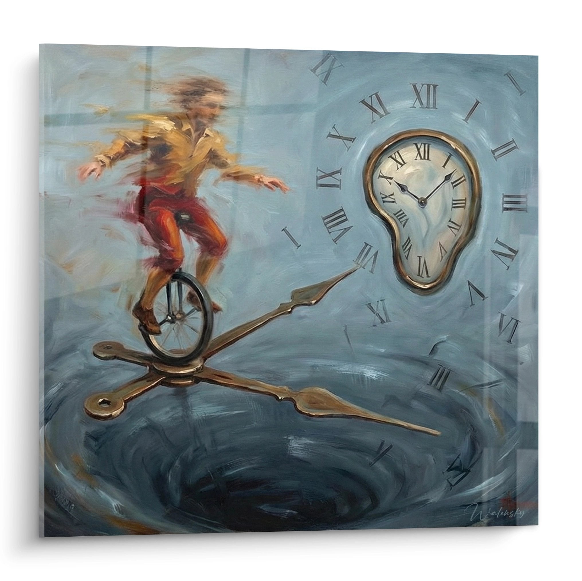 Tableau artistique équilibriste sur monocycle avec horloge déformée, art cirque surréaliste tons bleus et dorés