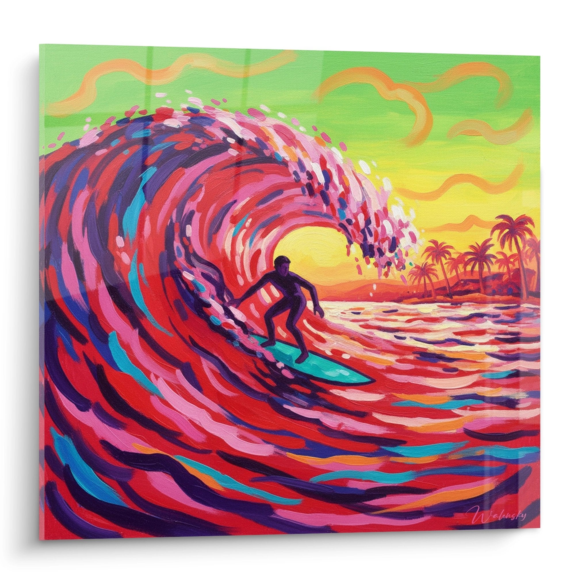 Tableau surf coloré avec surfeur dans vague rose et violette, palmiers tropicaux en arrière-plan