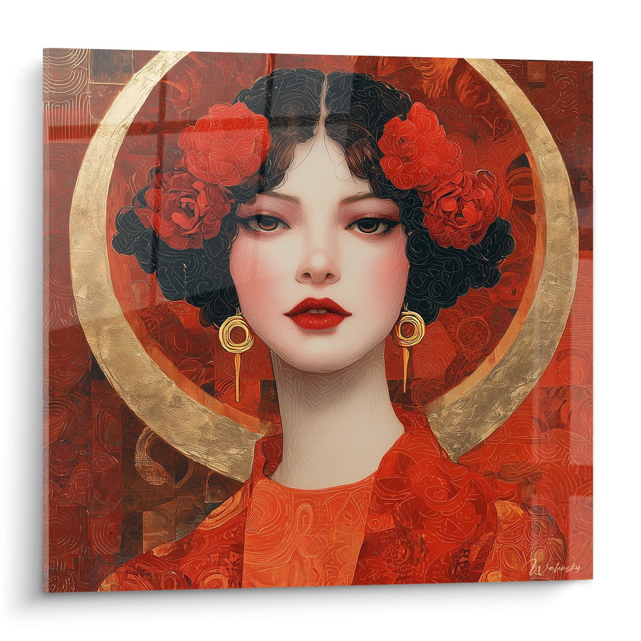 Tableau Femme aux Roses Rouges - Dame à l'Auréole Dorée - Edition Art déco