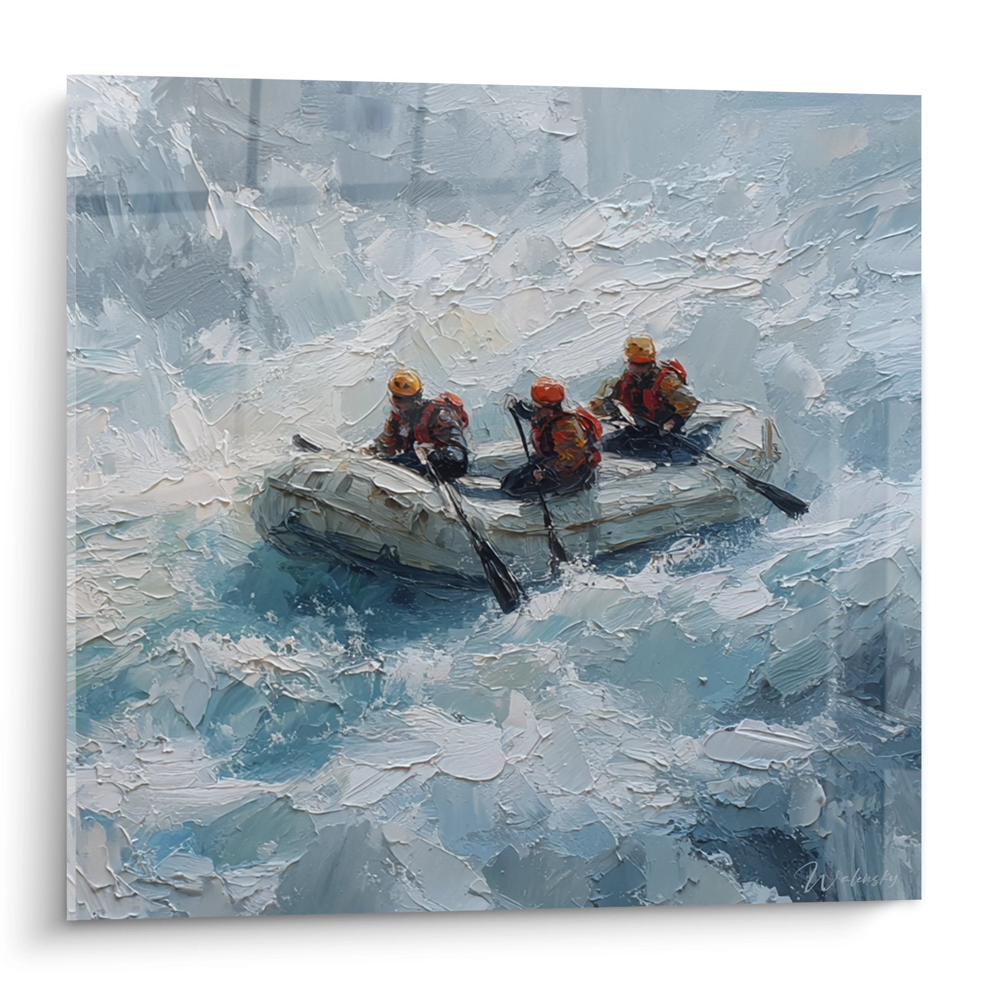 Gemälde Rafting Wildwasser mit drei Personen, die in einem Boot auf einem stürmischen Fluss navigieren