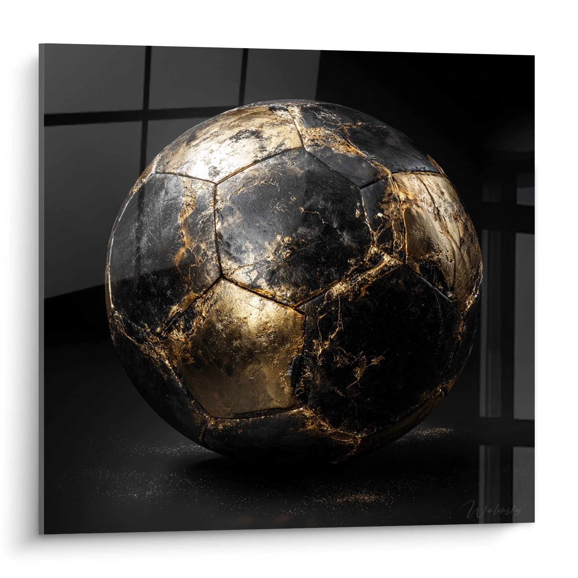 Tableau mural ballon de football vintage aux reflets dores sur fond noir moderne decoration sport