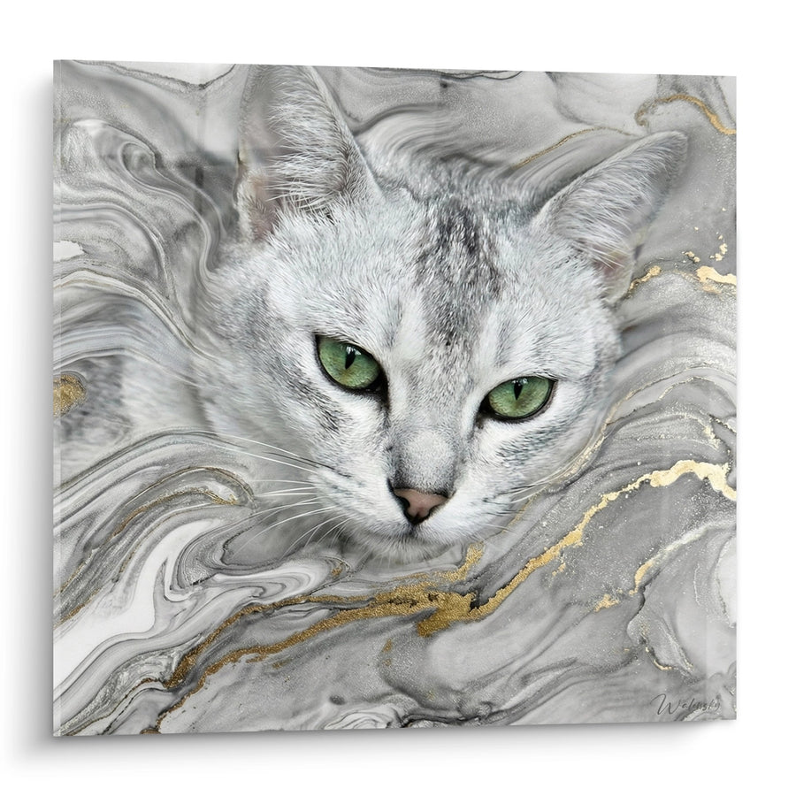 Tableau Chat aux Yeux Verts - Marbre Doré - Edition chat Burmilla
