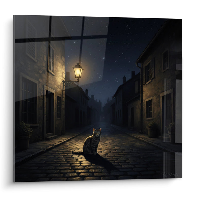 Tableau Chat Nocturne dans Rue Pavée - Mystère Urbain - Edition chat European Shorthair