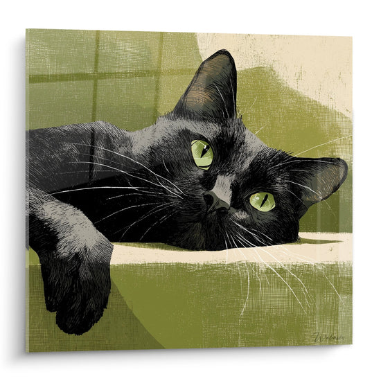 Künstlerisches Wandbild einer schwarzen Bombay-Katze mit grünen Augen, liegend, moderner Stil auf olivem und beigem Hintergrund