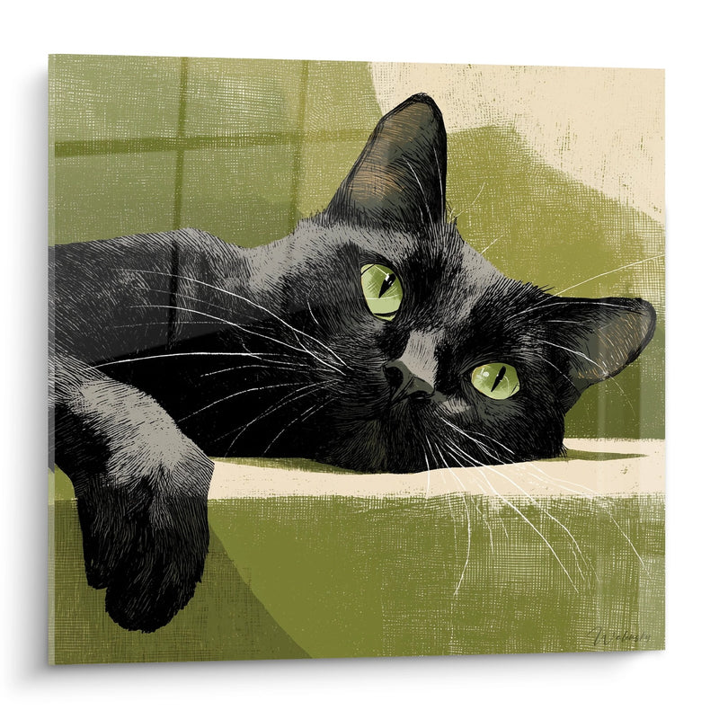 Schwarze Katze mit grünen Augen Gemälde - Kontemplatives Gesicht - Bombay-Katzen Edition