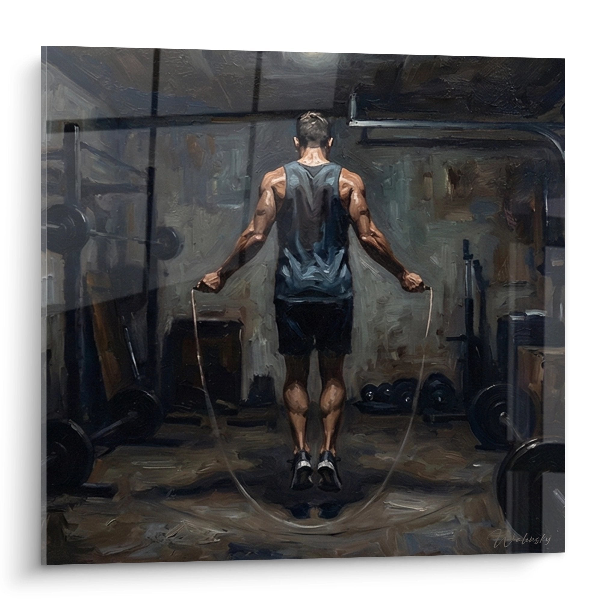 Tableau representant un homme muscle s'entrainant a la corde a sauter dans une salle de sport atmosphere