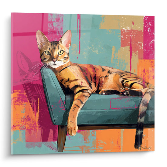 Schilderij Toyger Kat op Vintage Fauteuil - Kleurrijke Rust - Toyger katteneditie