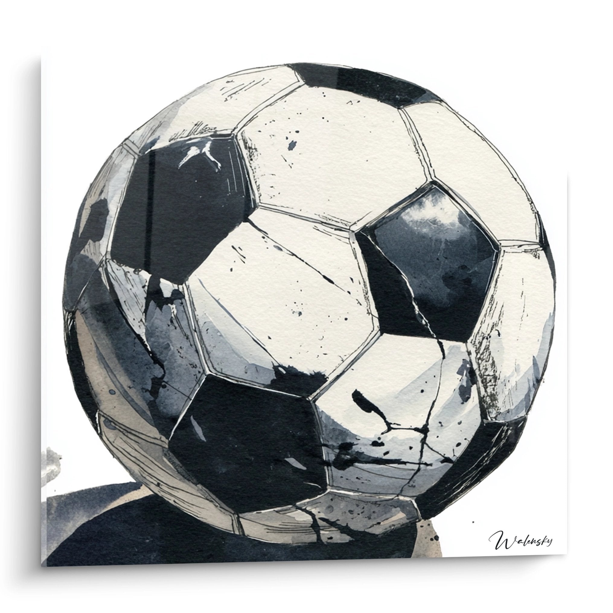 Tableau artistique d'un ballon de football vintage en style aquarelle monochrome noir et blanc