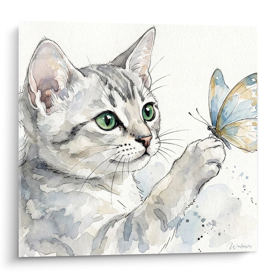 Schilderij kat aquarel vlinder - Smaragdgroene blik - Editie Burmilla kat