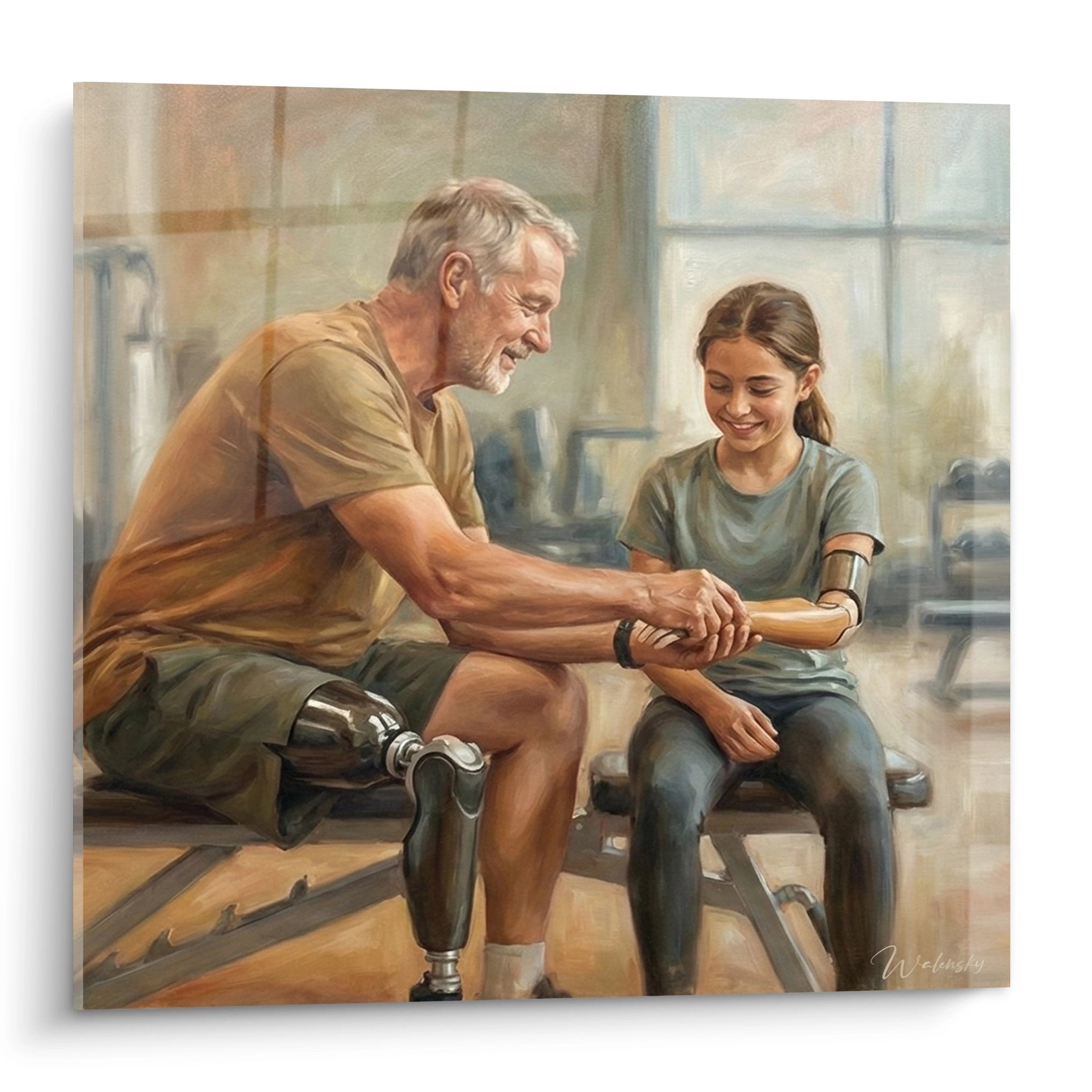 Tableau paralympique montrant un homme et une jeune fille avec prothèses partageant un moment d'échange et de transmission
