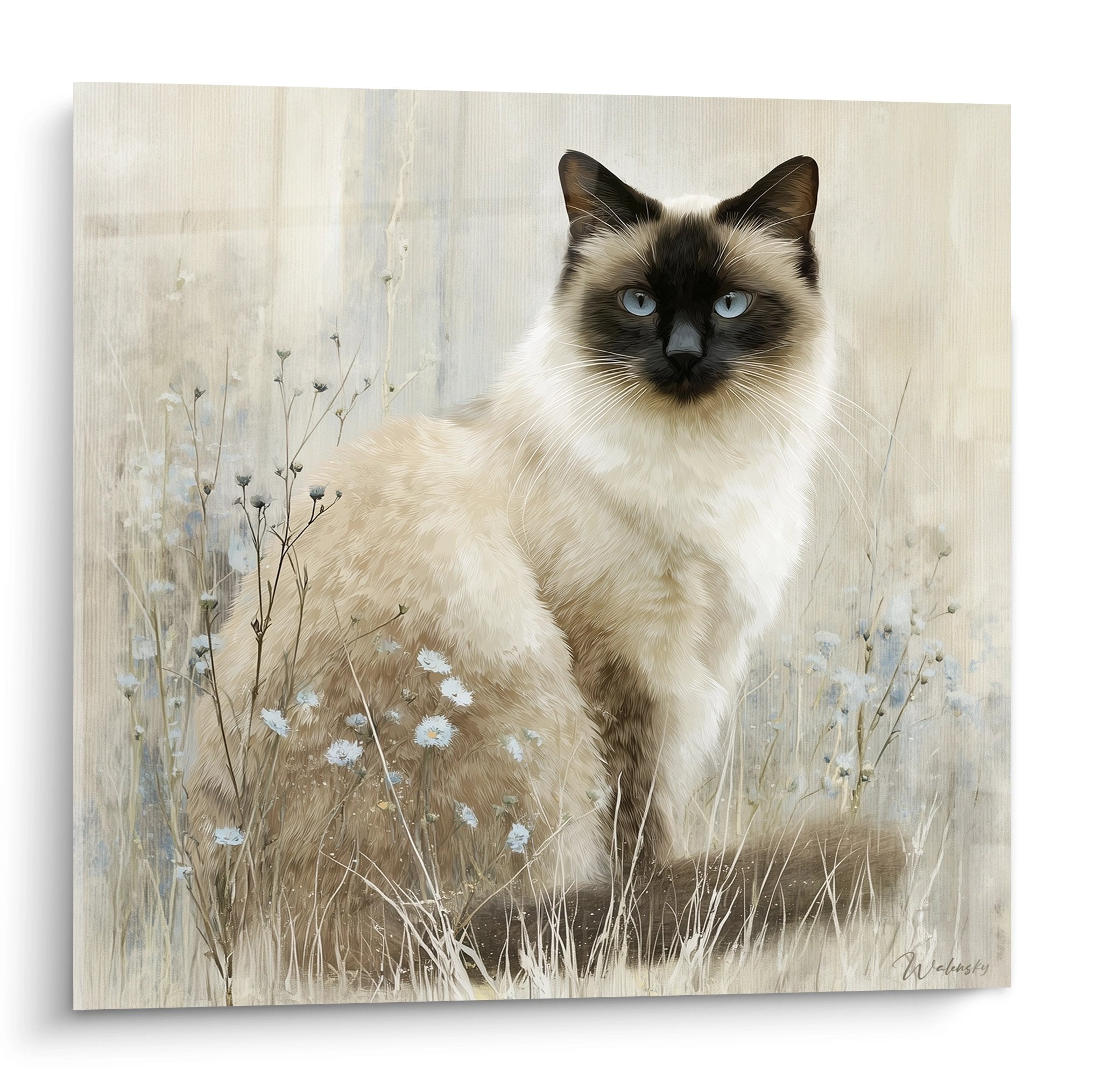 Quadro decorativo gatto Birmano con occhi blu seduto in un prato con fiori selvatici su sfondo beige naturale
