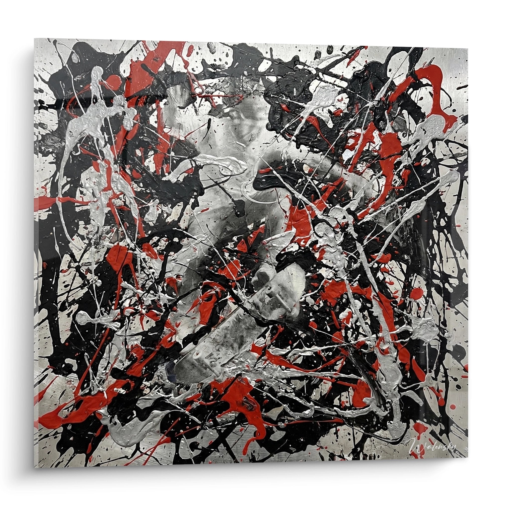 Tableau abstrait urbain avec eclaboussures rouges noires et grises style street art edition skateboard
