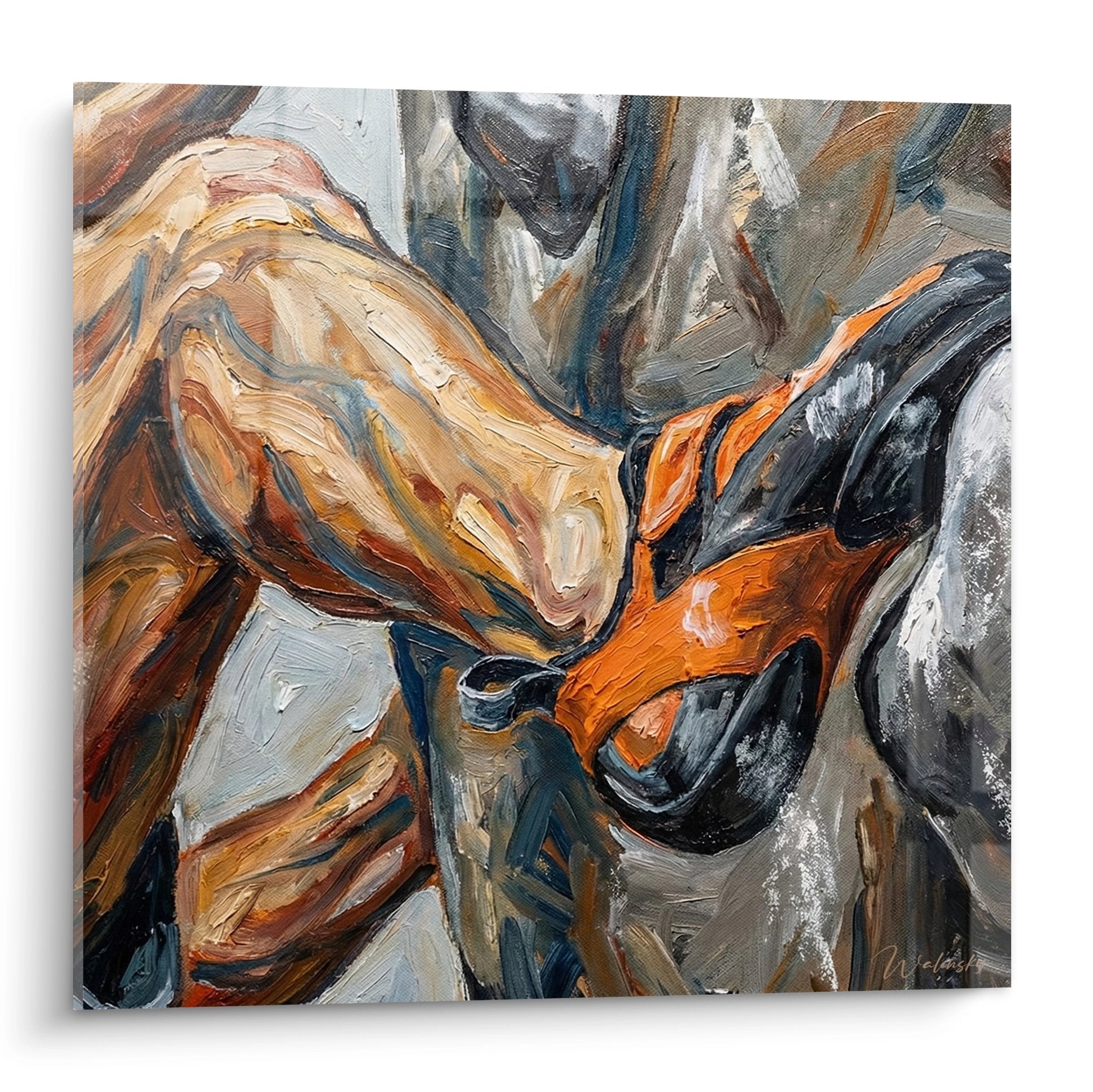 Tableau abstrait moderne aux mouvements dynamiques orange et gris, peinture gestuelle contemporaine