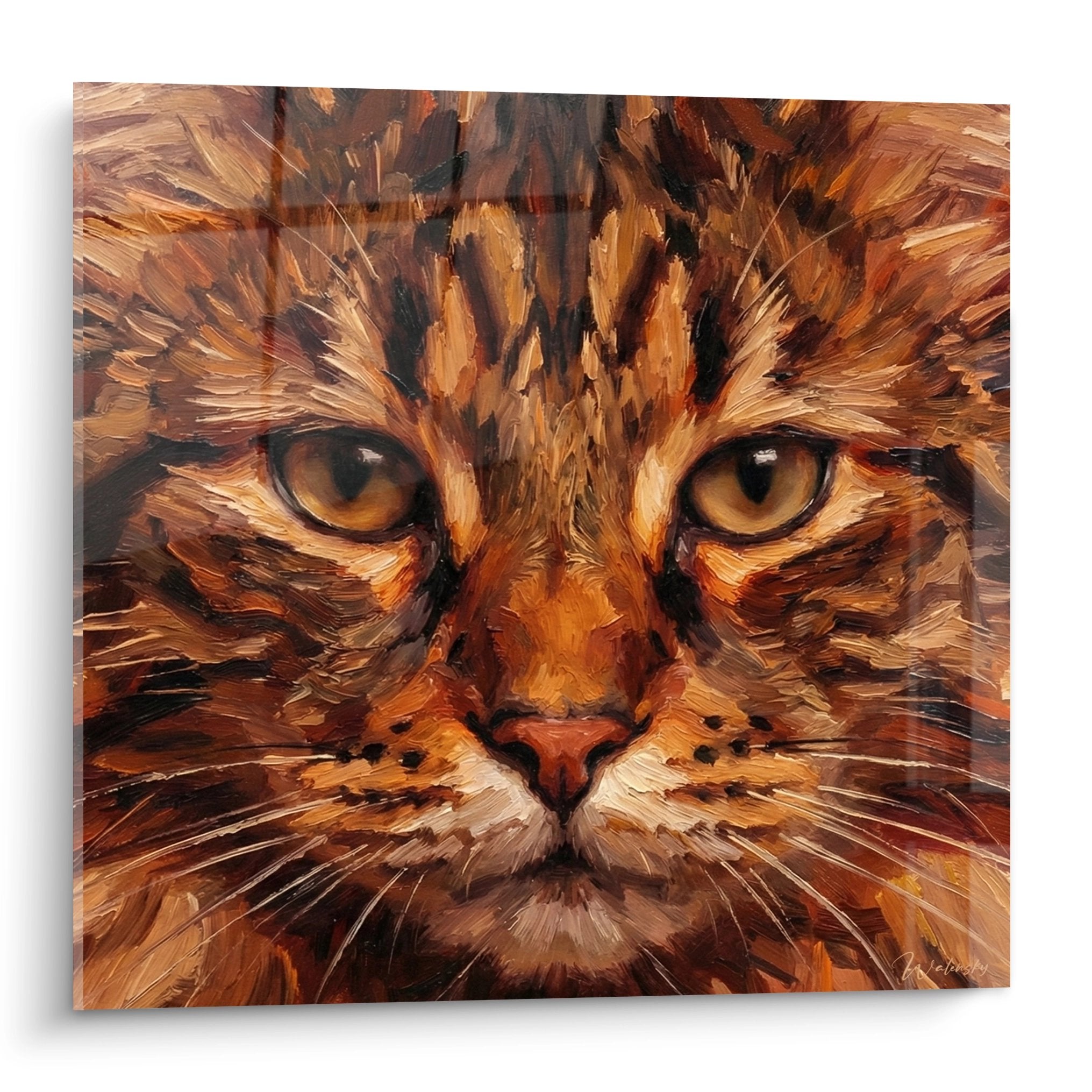 Portrait artistique d'un chat roux American Bobtail aux yeux dores, peinture murale feline