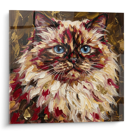 Quadro pittura gatto Himalayano con occhi blu, tecnica pittorica espressiva e colori caldi