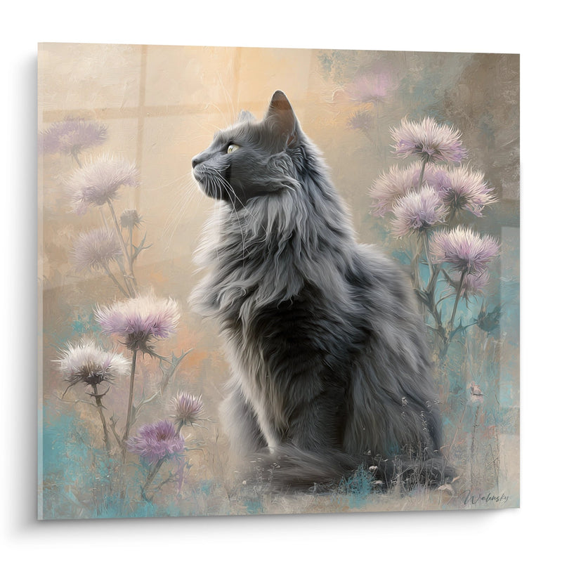 Tabella Chat Angora Turca in un campo di cardi - Contemplazione Selvaggia - Edizione gatto Angora Turco