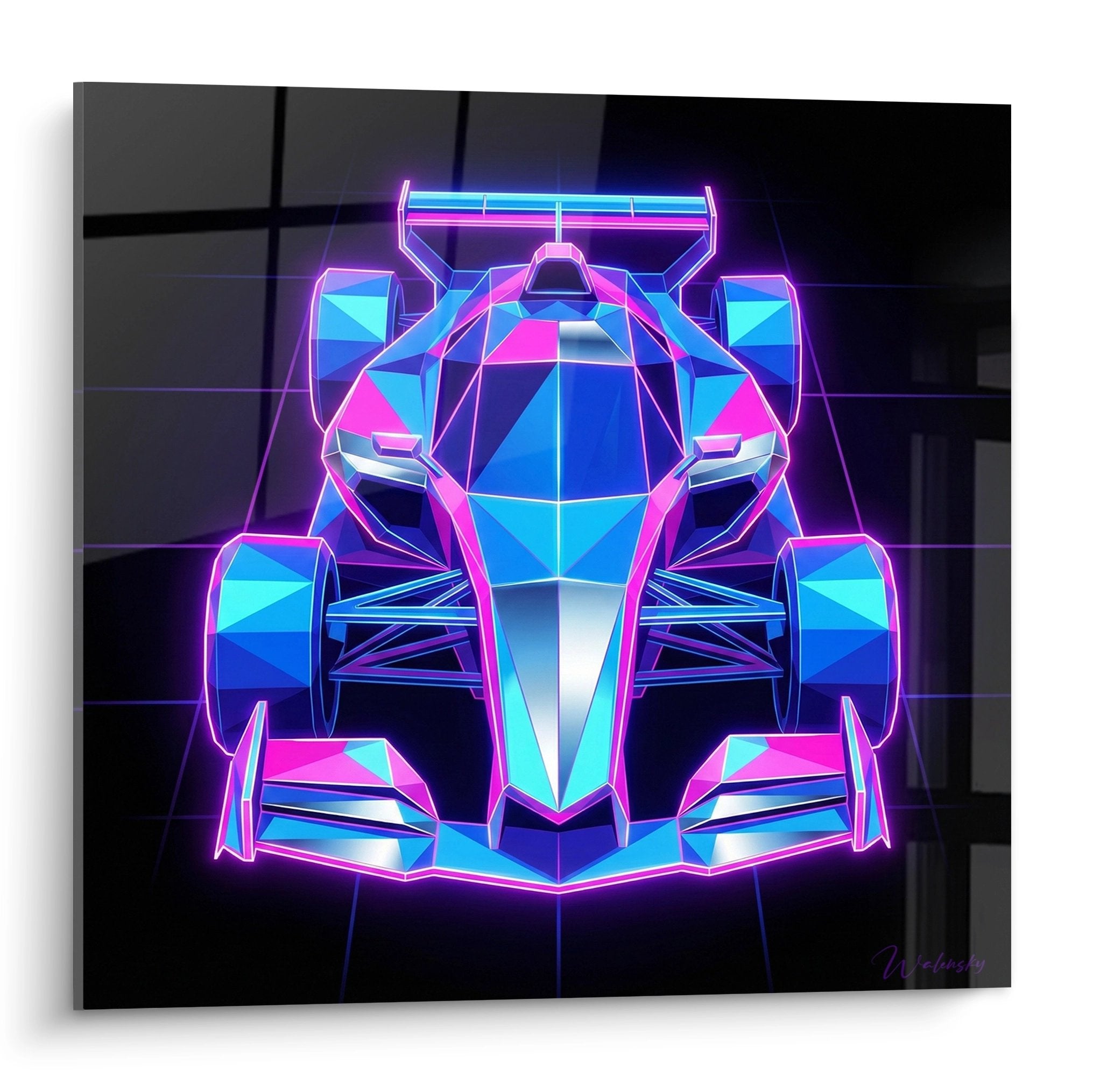 Tableau mural Formule 1 style neon synthwave rose et bleu sur fond noir avec effets lumineux futuristes