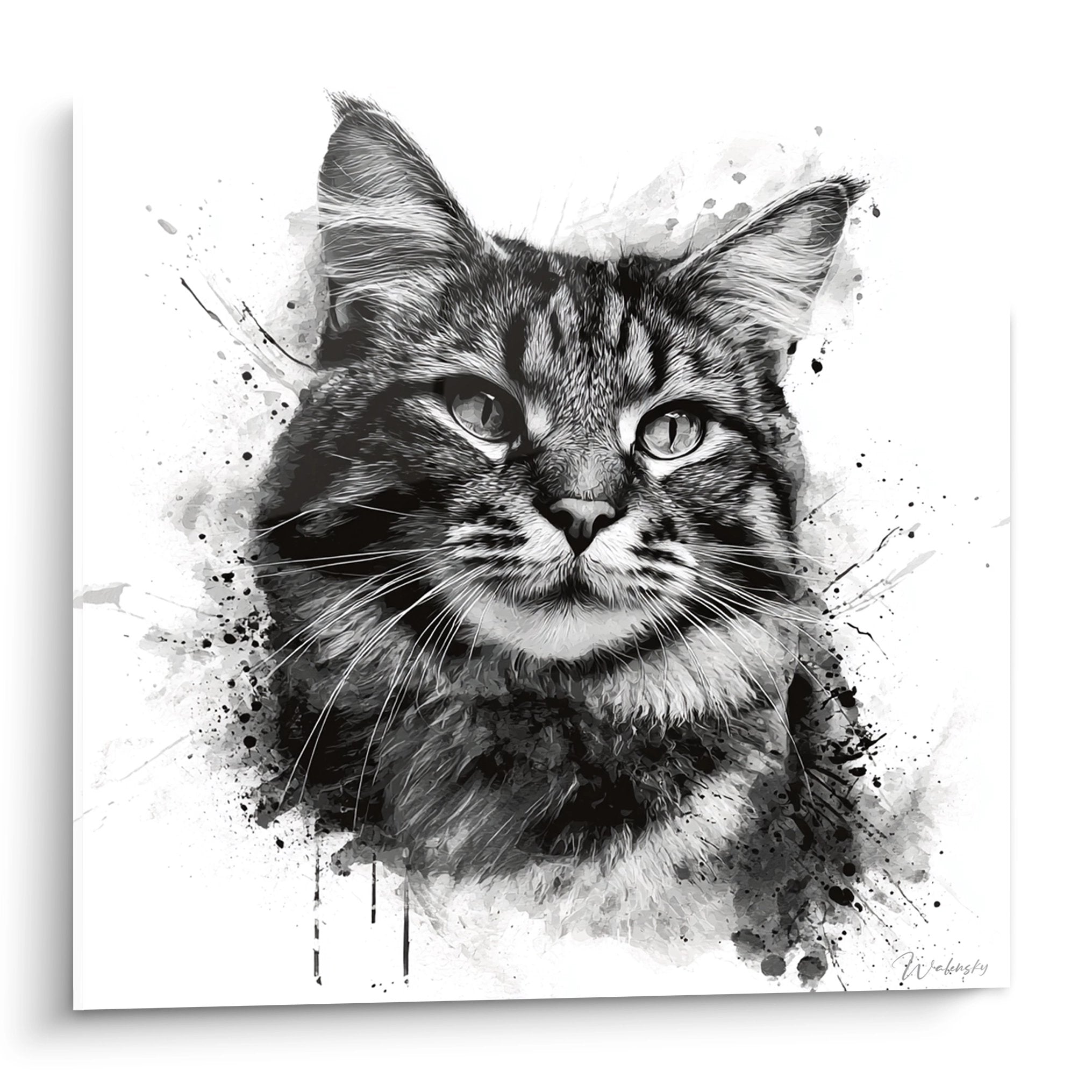 American Bobtail cat portrait wall art black and white watercolor with artistic splashes intense gaze
