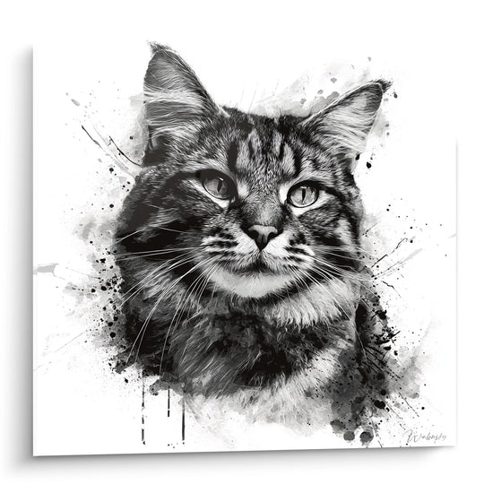 Tableau mural portrait chat American Bobtail aquarelle noir et blanc avec éclaboussures artistiques regard intense