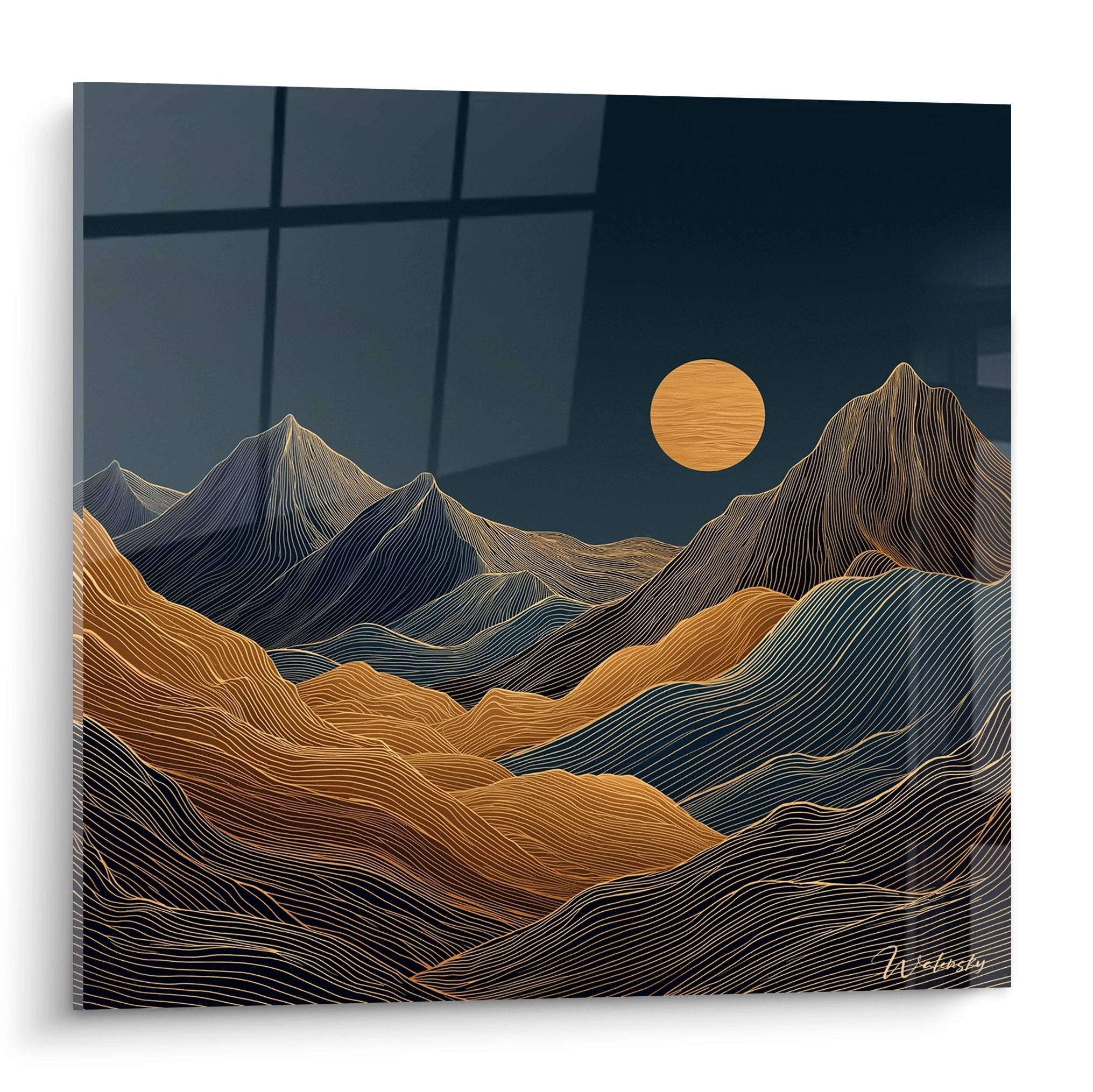 Art-Deco-Gemälde Berglandschaft mit goldenen Linien und untergehender Sonne vor stilisierten Bergen