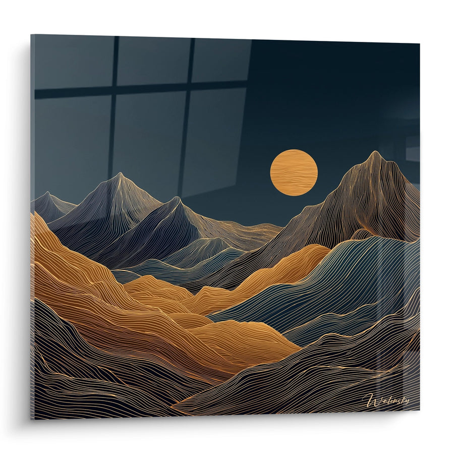 Tableau Paysage Montagneux - Lignes Dorées au Coucher du Soleil - Edition Art déco