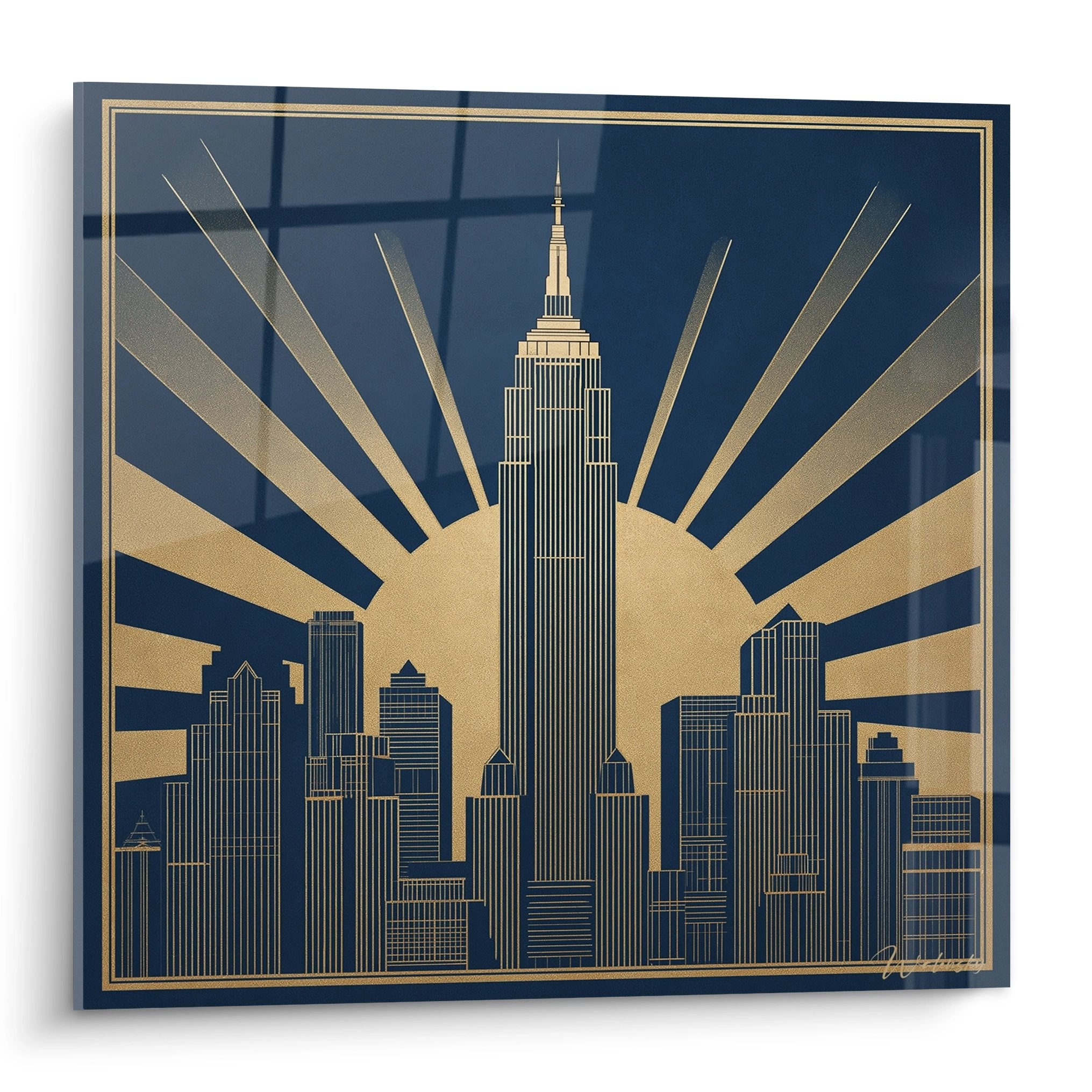 Tableau art deco Empire State Building avec rayons dores sur fond bleu et skyline de New York stylise