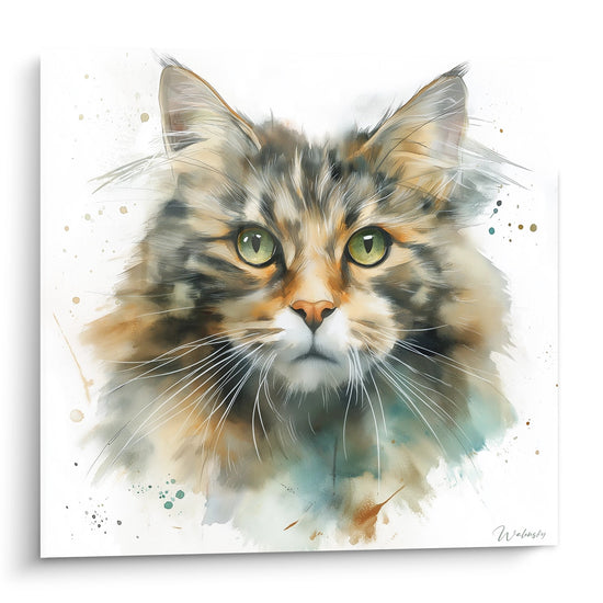 Tableau aquarelle chat American Bobtail aux yeux verts, pelage tricolore, style artistique moderne avec éclaboussures