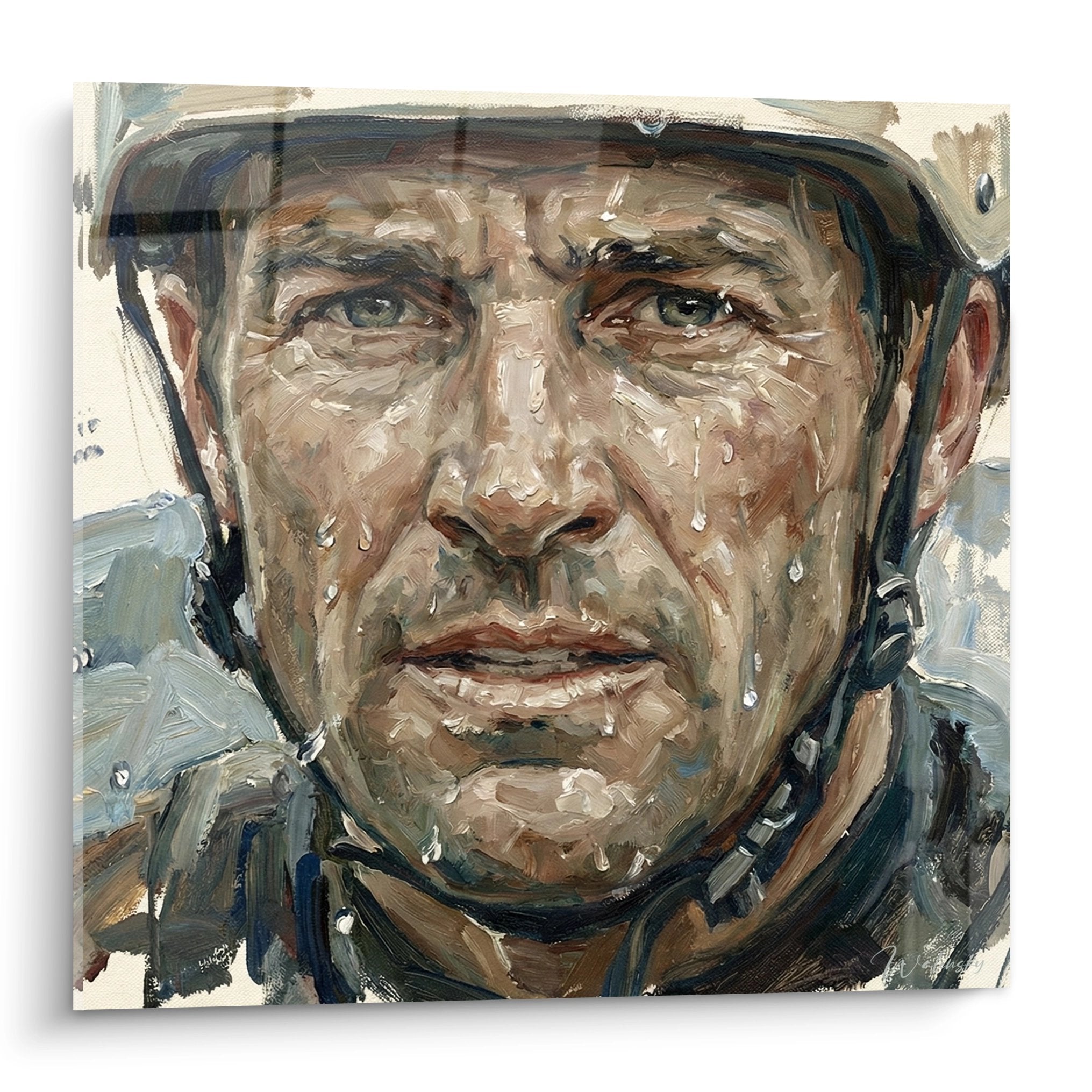 Ausdrucksstarkes Porträt eines Rafting-Abenteurers mit Helm, Gesicht geprägt von Anstrengung und Entschlossenheit